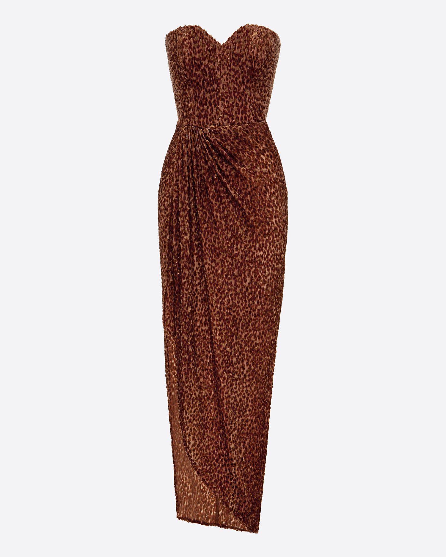Strapless Sweetheart Draped Split Gown in Devoré