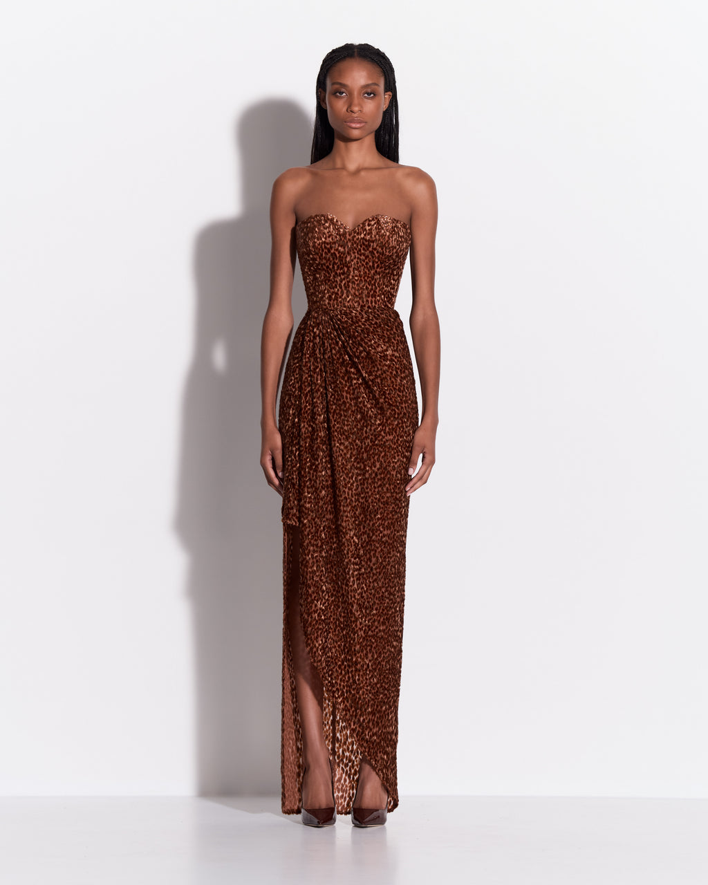 Strapless Sweetheart Draped Split Gown in Devoré
