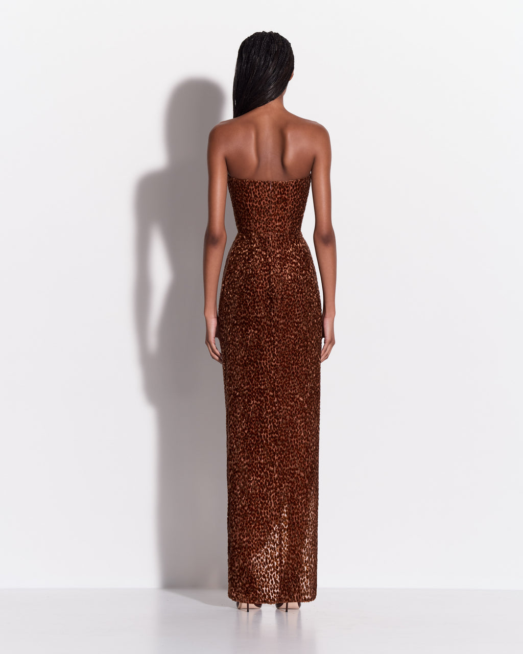 Strapless Sweetheart Draped Split Gown in Devoré