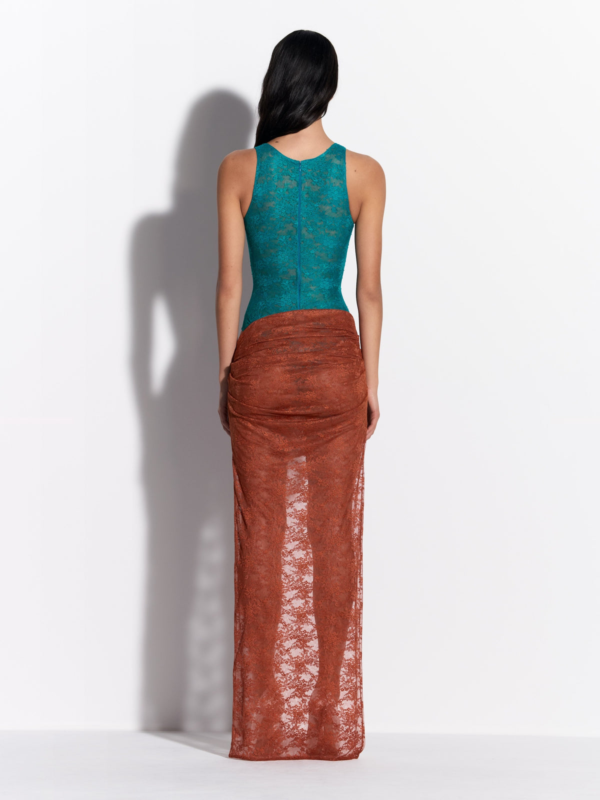 Asymmetric Skirt in Stretch Lace - by078re27-singlet-bodysuit-in-stretch-lace-teal-s0233re27-asymmetric-skirt-in-stretch-lace-rust-02.jpg