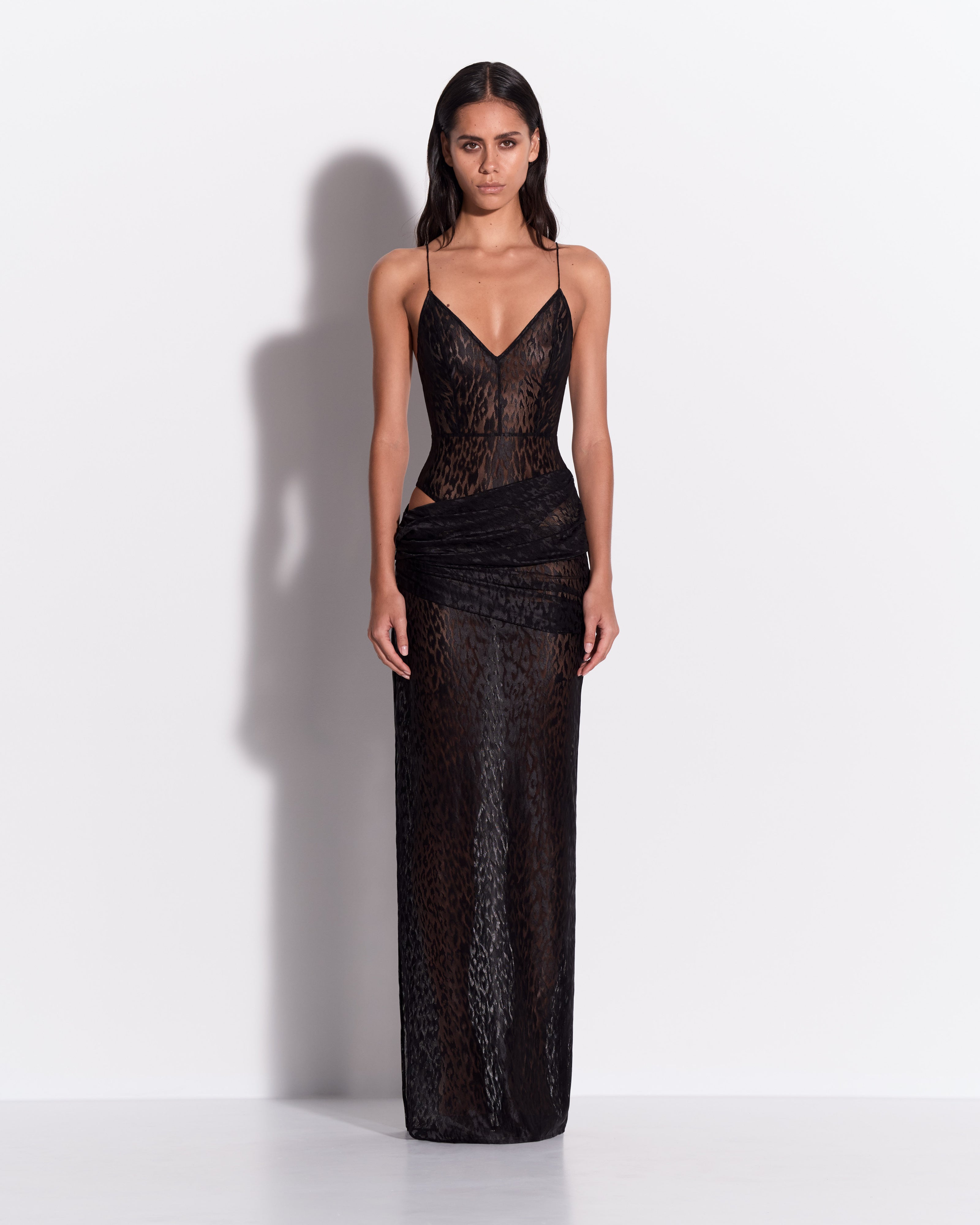 Bikini Asymmetric Drape Column in Leopard Lace