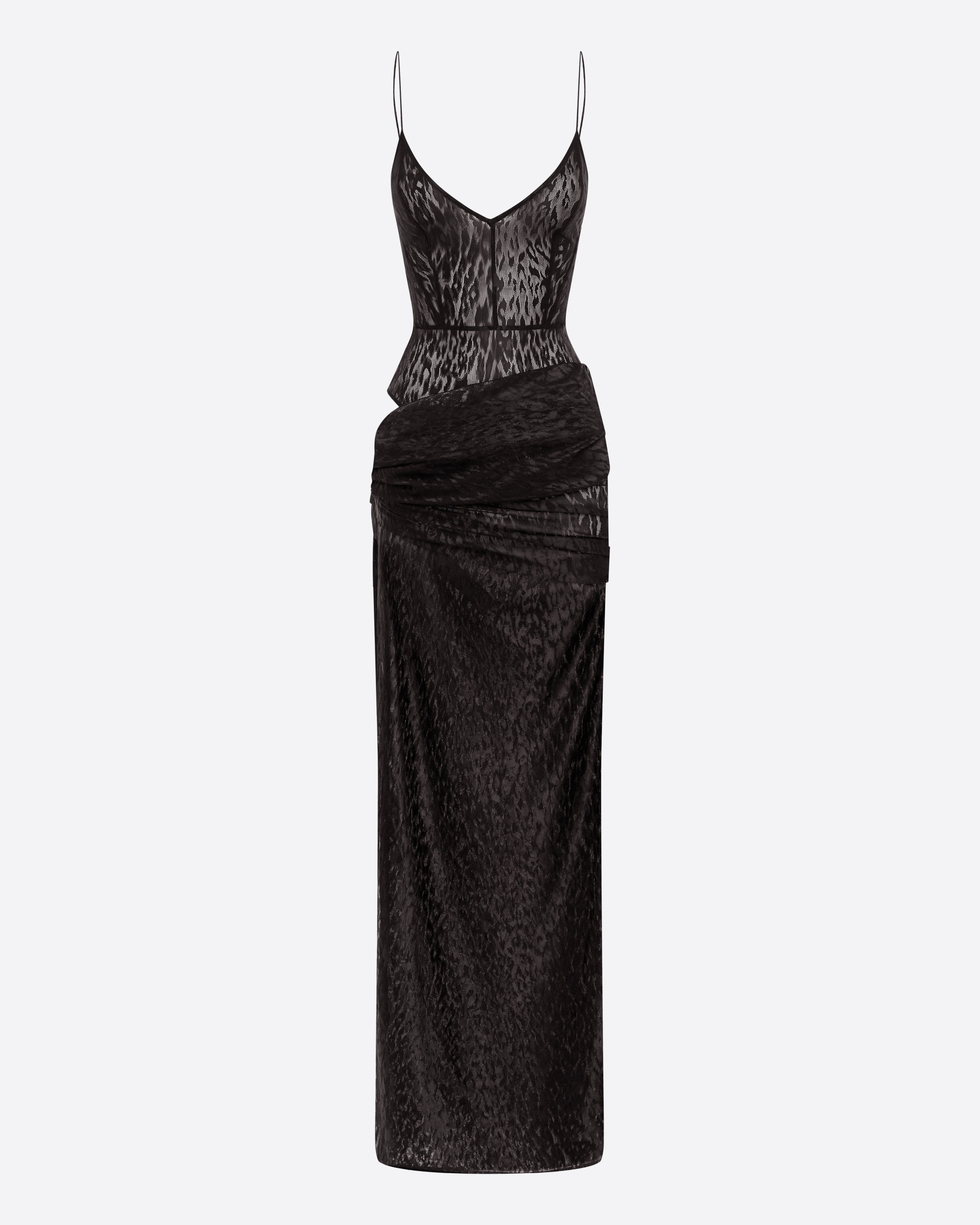 Bikini Asymmetric Drape Column in Leopard Lace