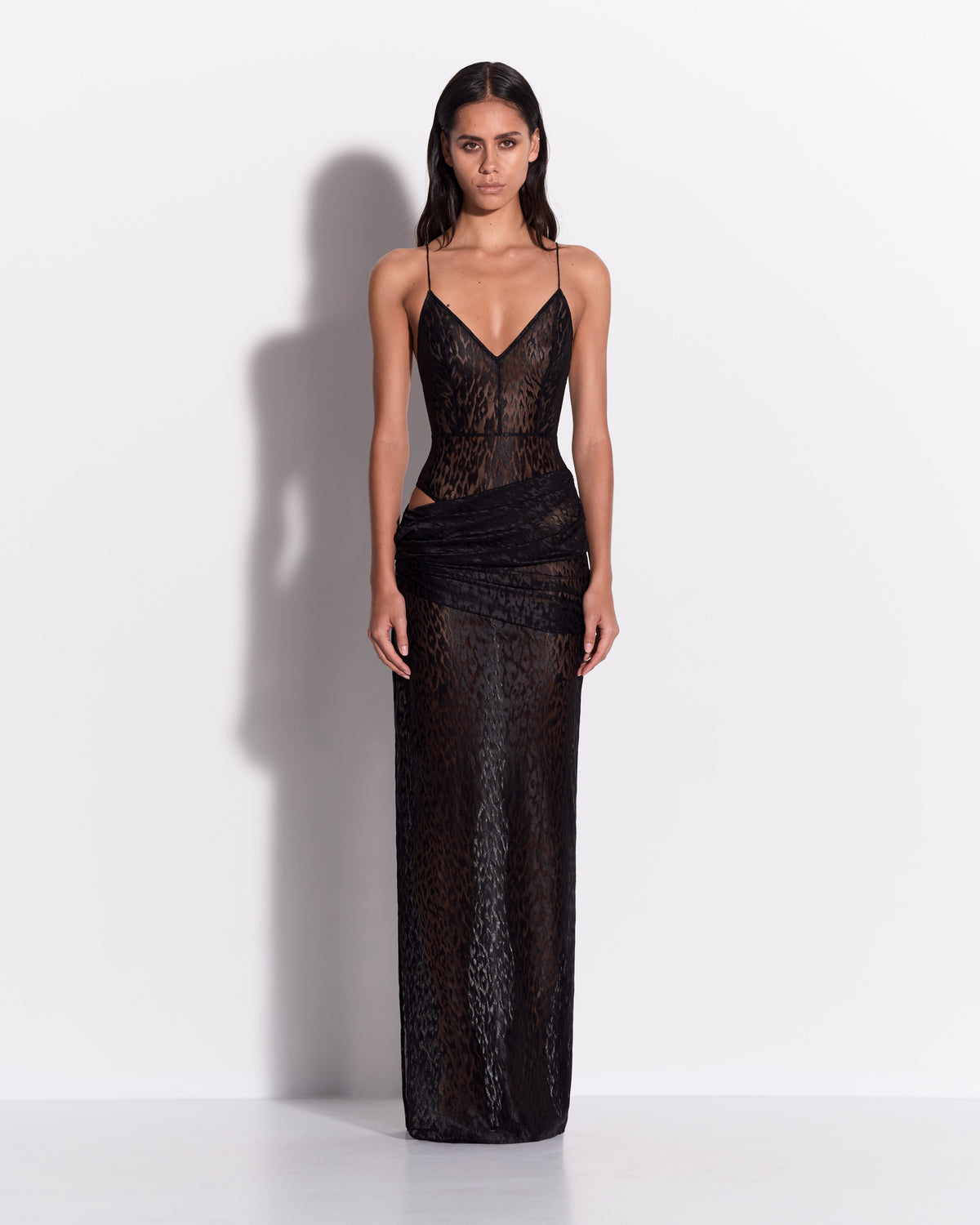 Bikini Asymmetric Drape Column in Leopard Lace