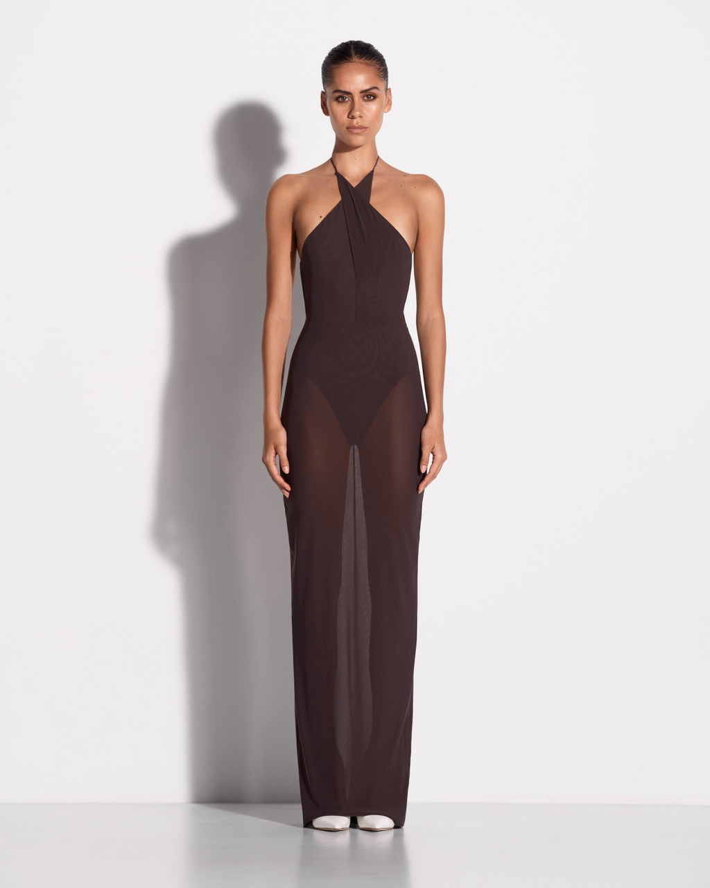 Cross Tie Halter Column in Stretch Mesh