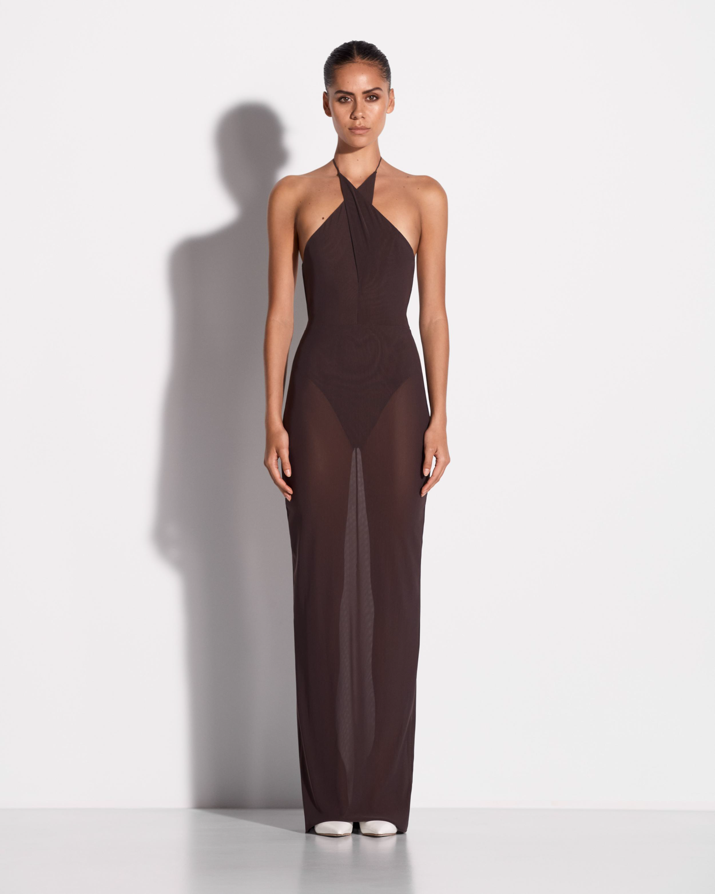 Cross Tie Halter Column in Stretch Mesh