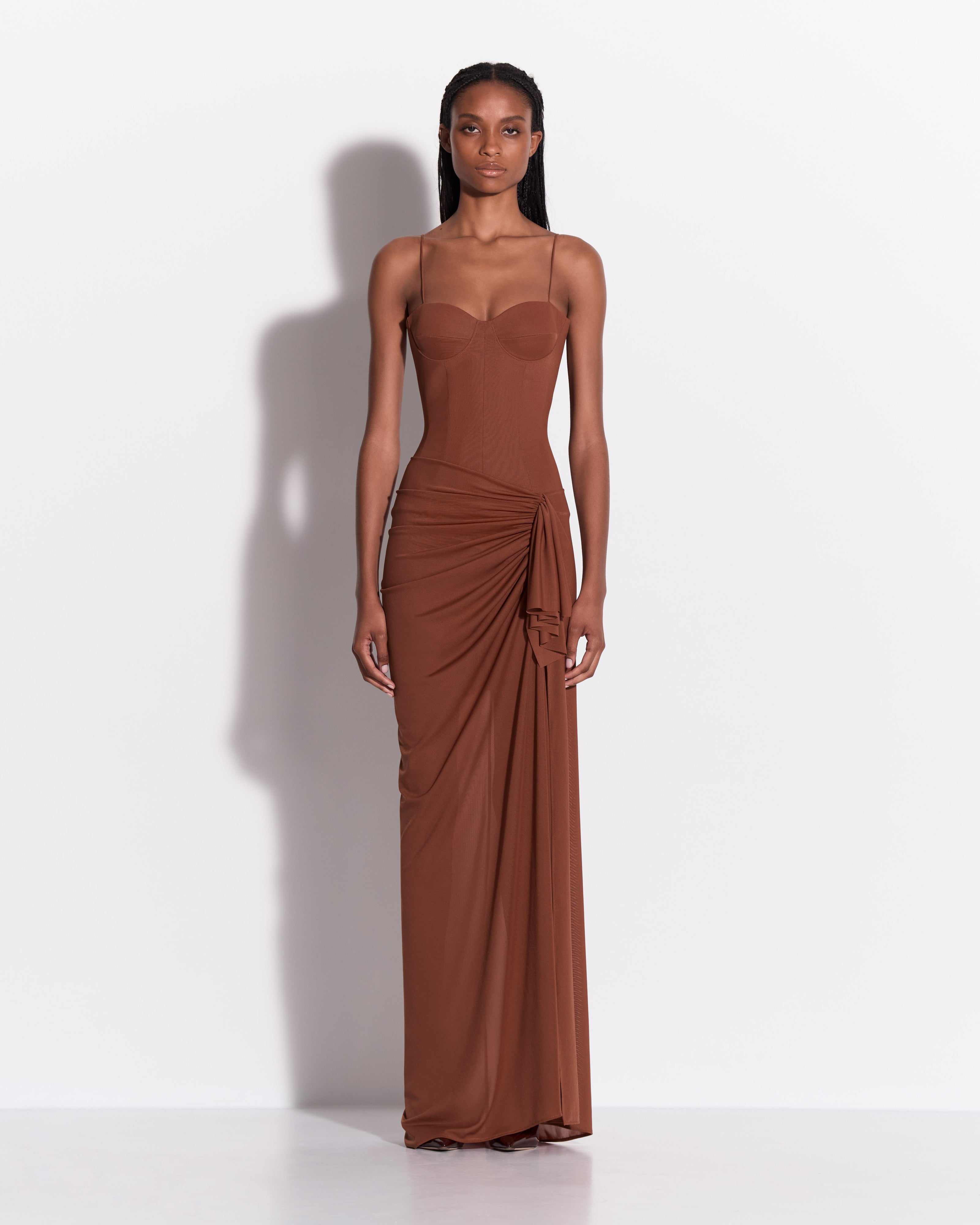 Cupped Drape Gown in Stretch Mesh