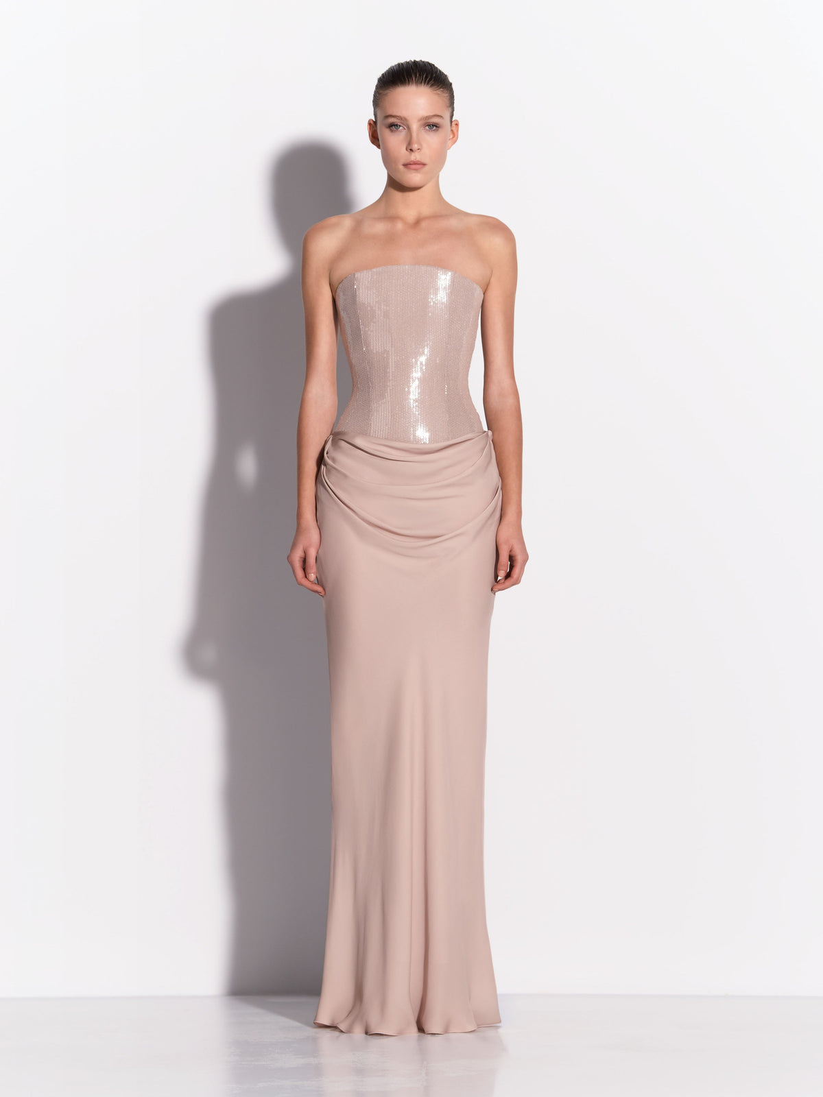 Curved Drape Gown in Sequin Mesh Georgette