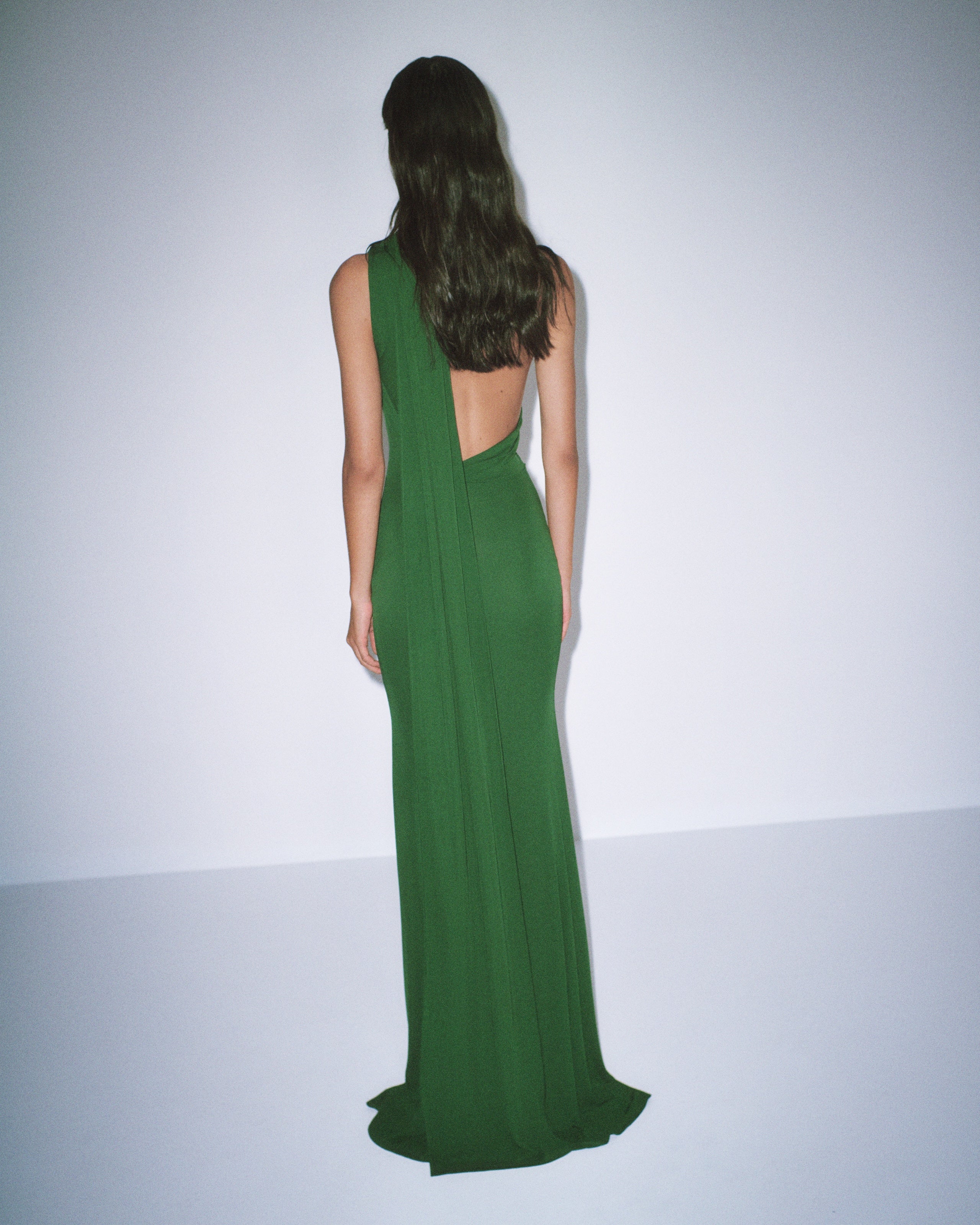 Alex Perry Jersey - One Shoulder Scarf Gown in Dry Jersey Forest Green