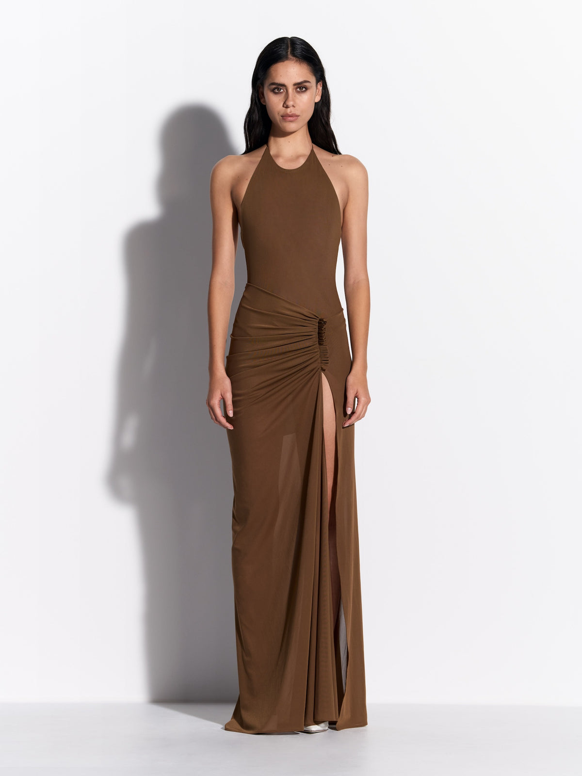 Halter Bodysuit in Stretch Mesh - by080re27-halter-bodysuit-in-powermesh-bronze-s0235re27-ruched-skirt-in-powermesh-bronze-01.jpg