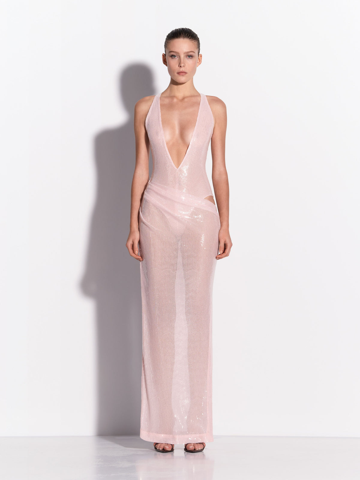 Halter Draped Column in Sequin Mesh