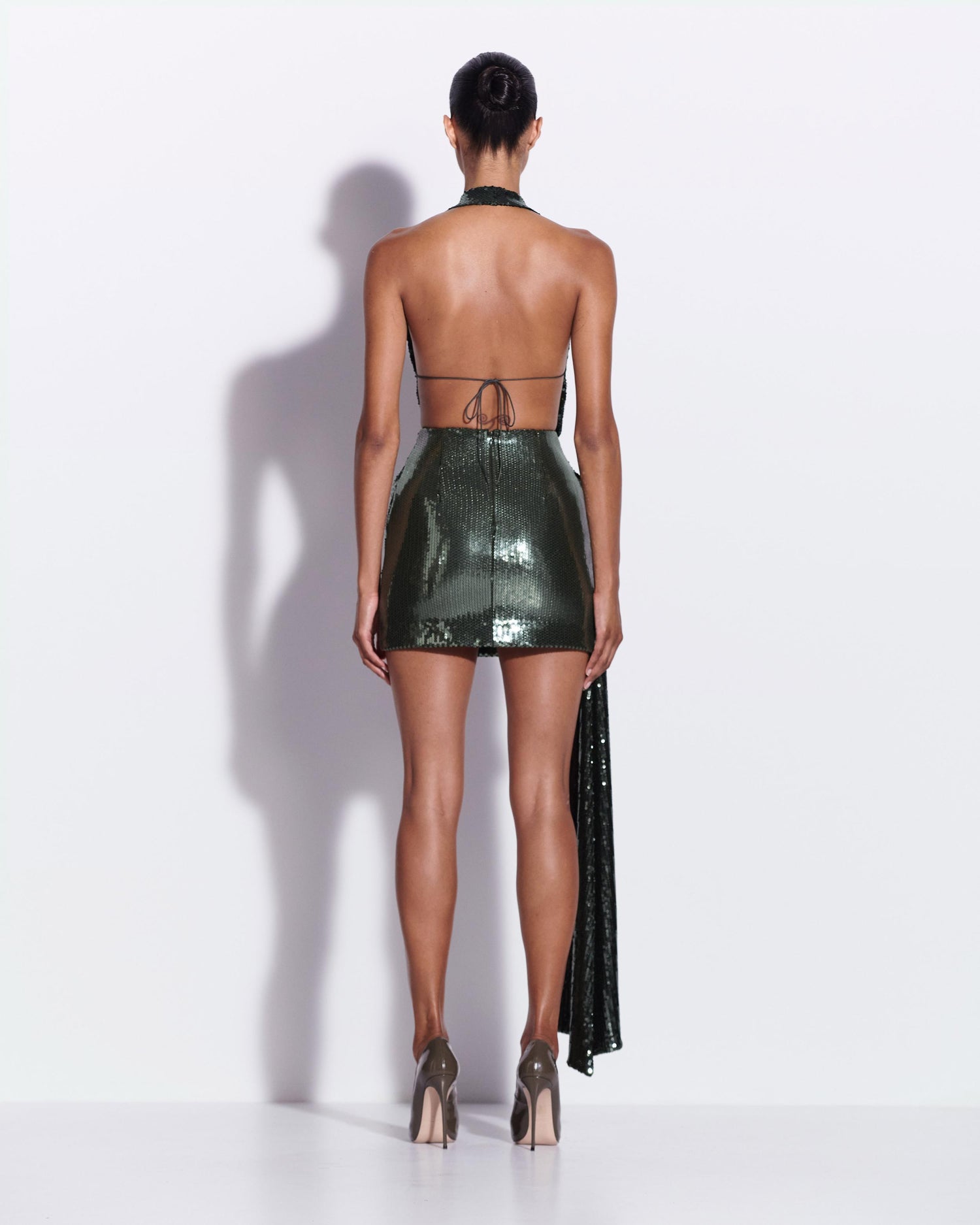 Halter Draped Wrap Mini Dress in Sequin 10 / Dark Olive