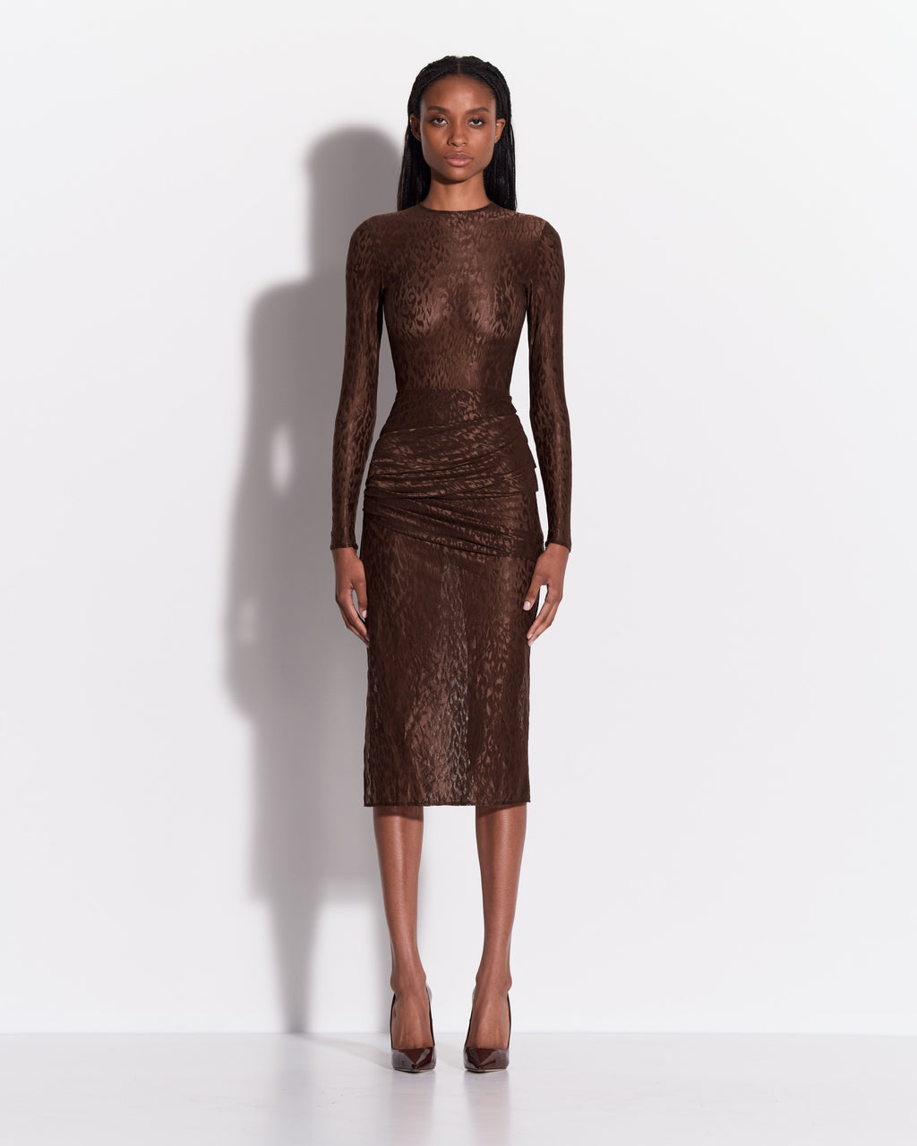 Long Sleeve Asymmetric Drape Dress in Leopard Lace