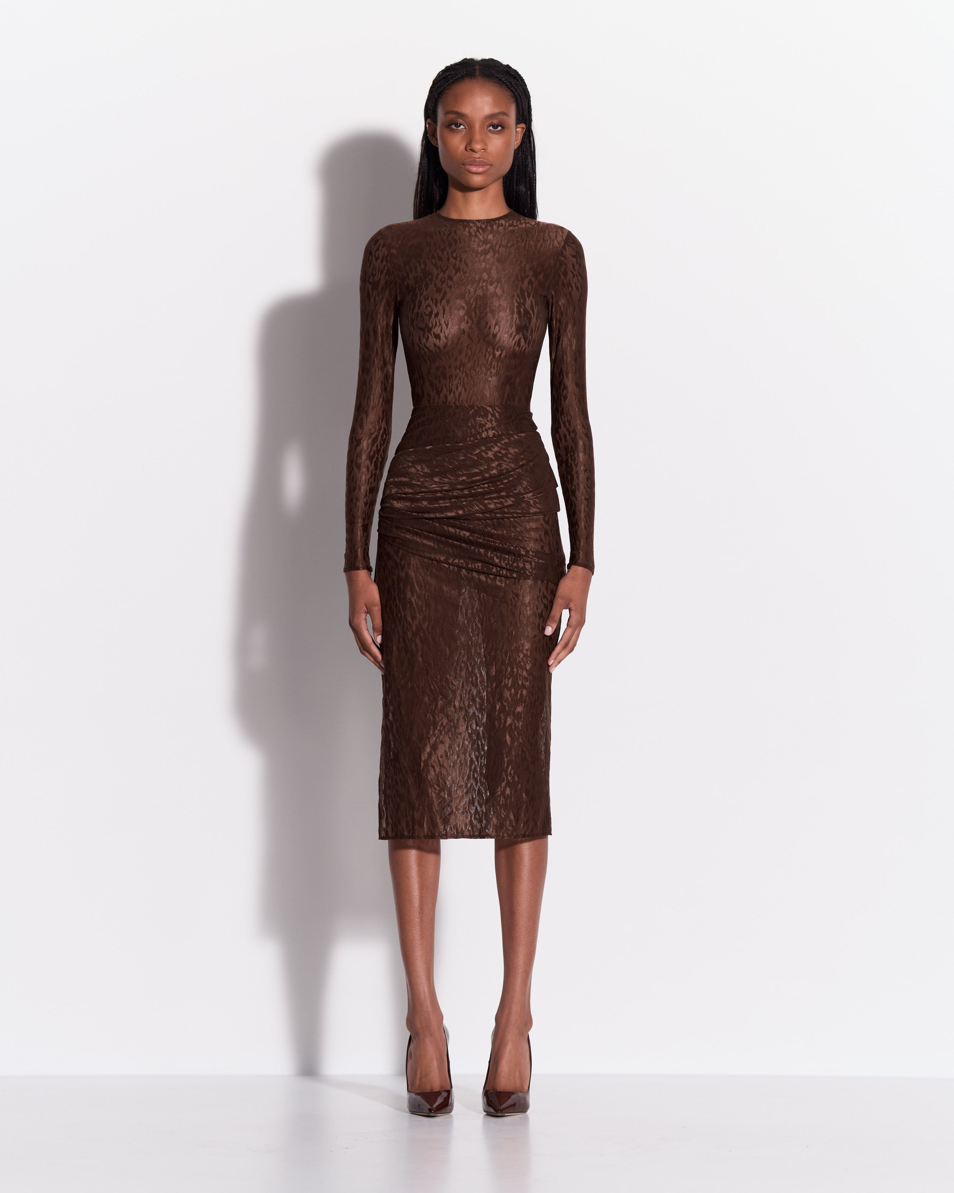 Long Sleeve Asymmetric Drape Dress in Leopard Lace