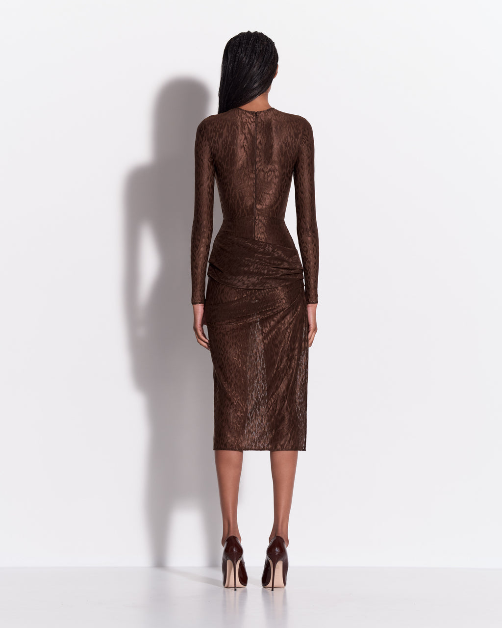 Long Sleeve Asymmetric Drape Dress in Leopard Lace