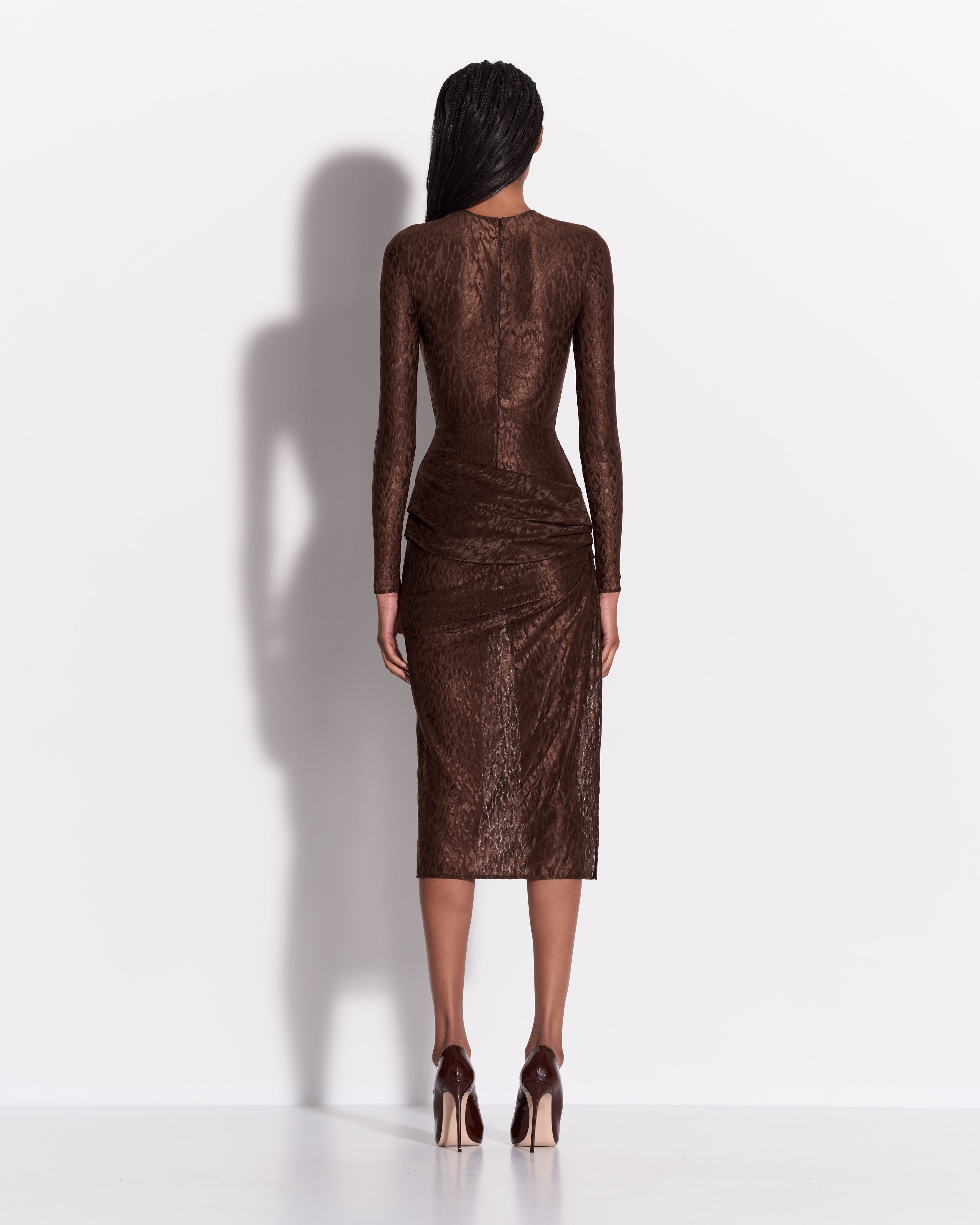 Long Sleeve Asymmetric Drape Dress in Leopard Lace