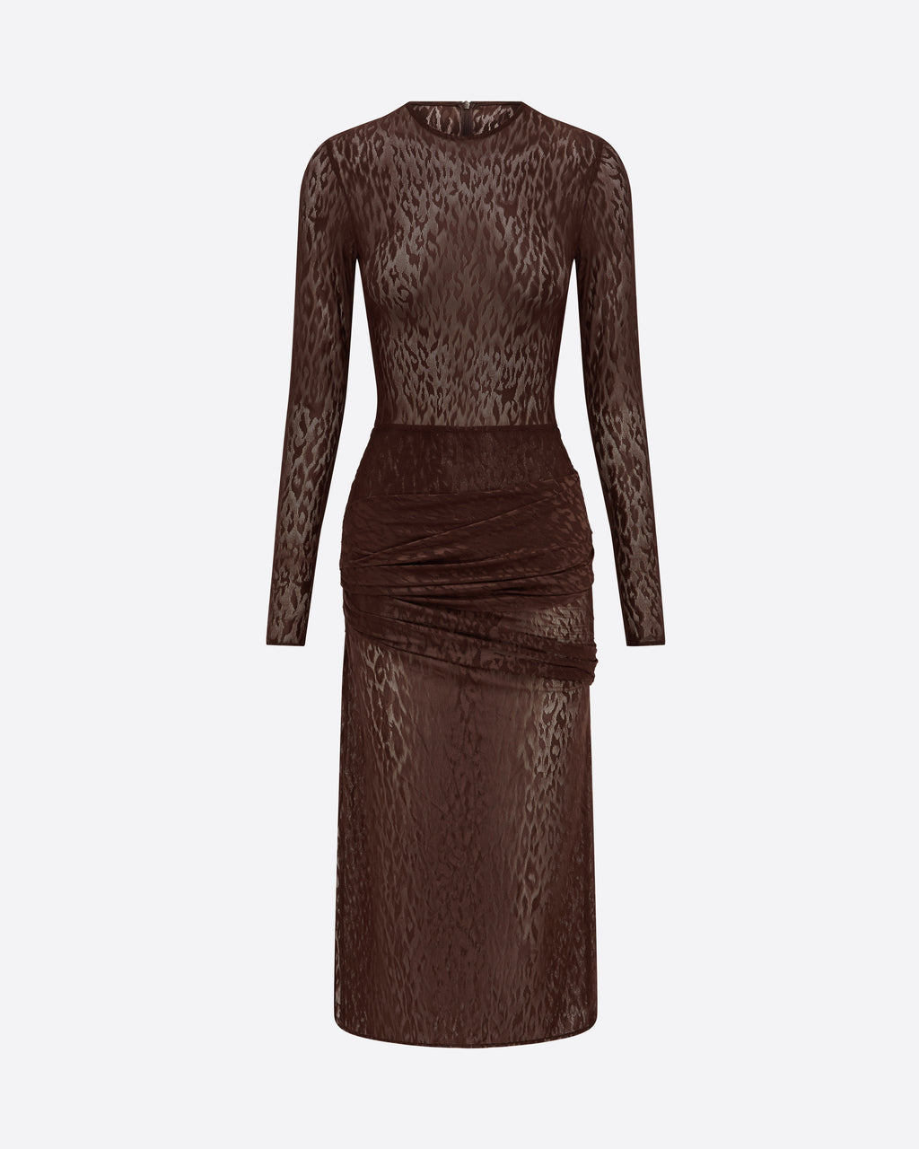 Long Sleeve Asymmetric Drape Dress in Leopard Lace