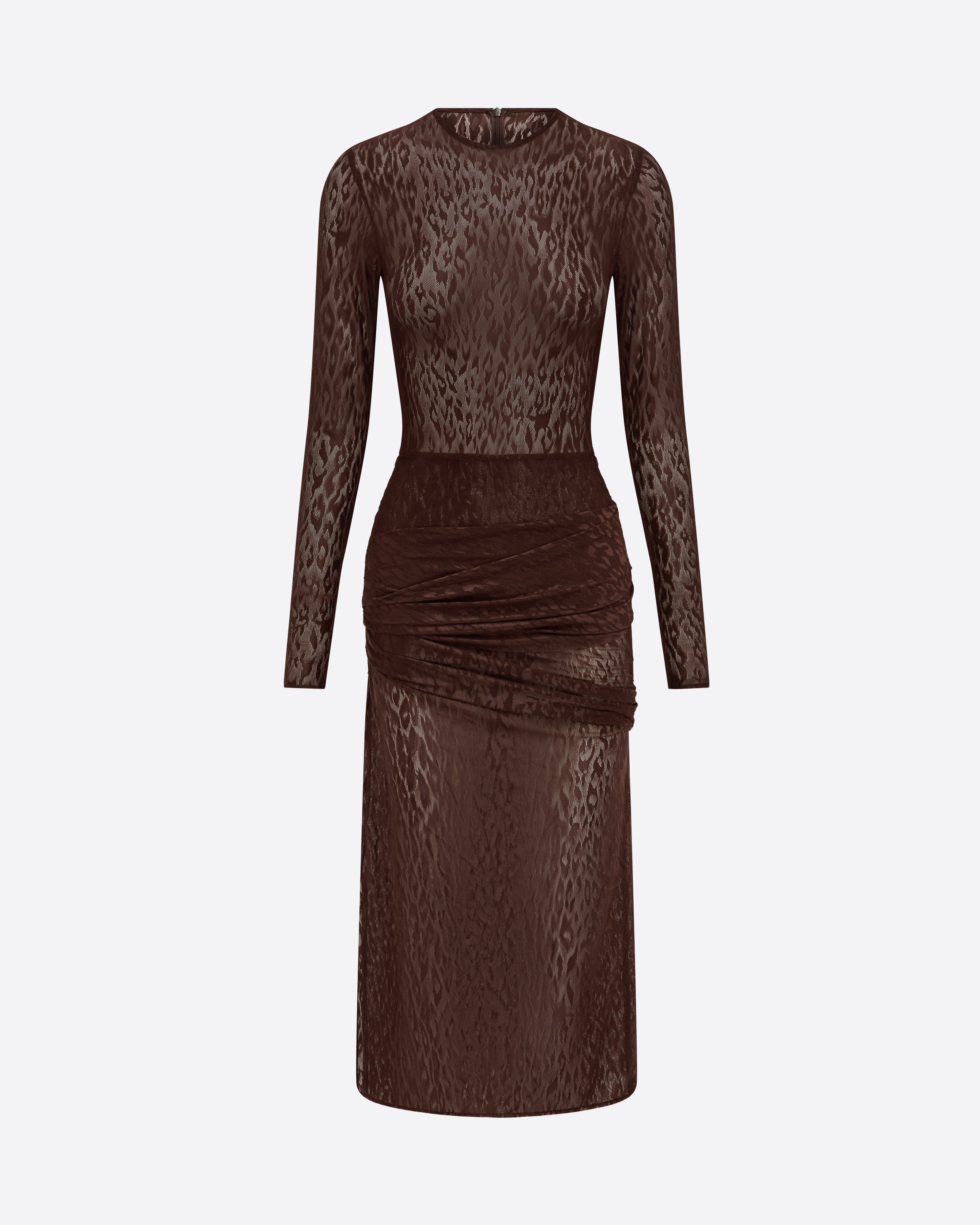 Long Sleeve Asymmetric Drape Dress in Leopard Lace