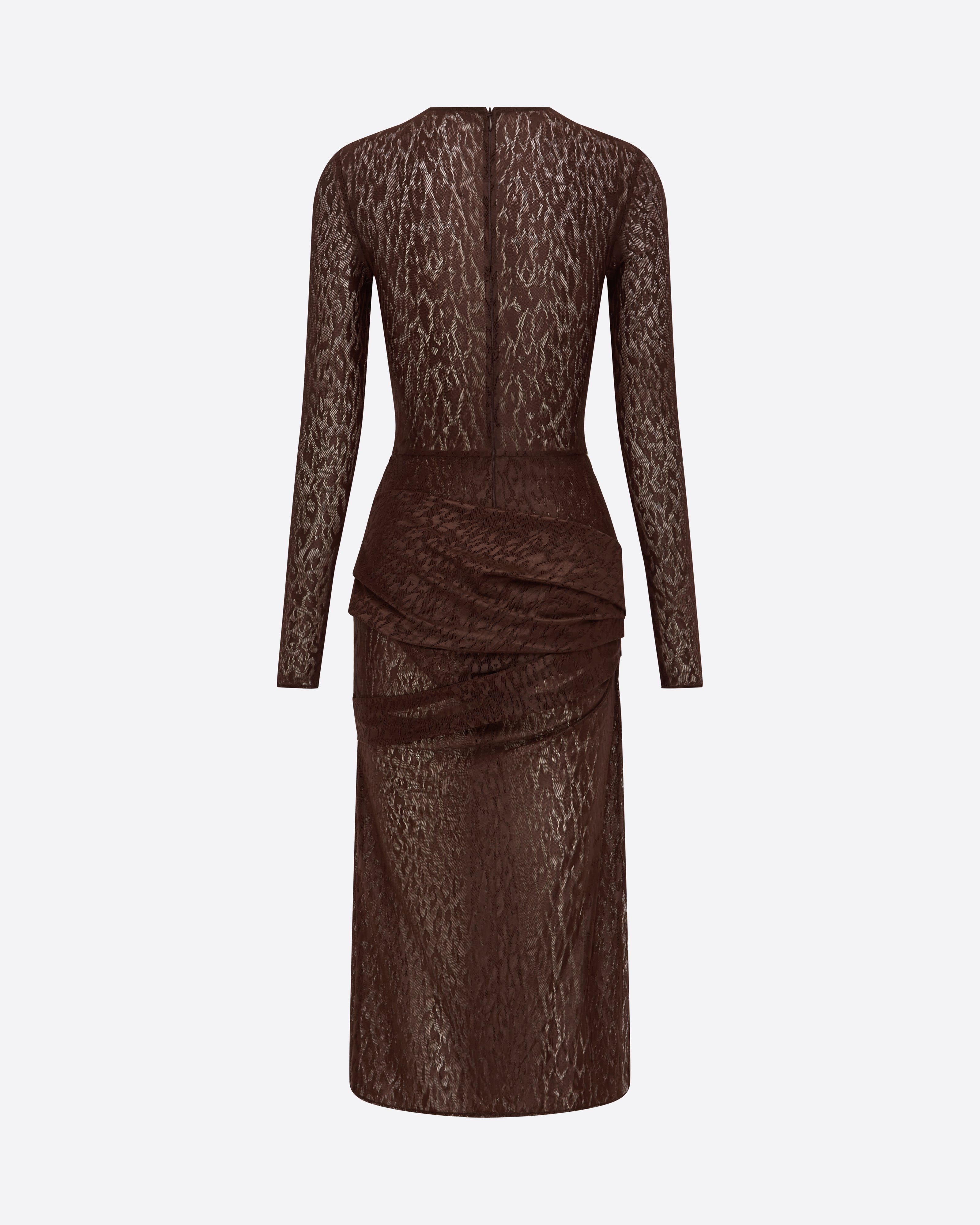 Long Sleeve Asymmetric Drape Dress in Leopard Lace
