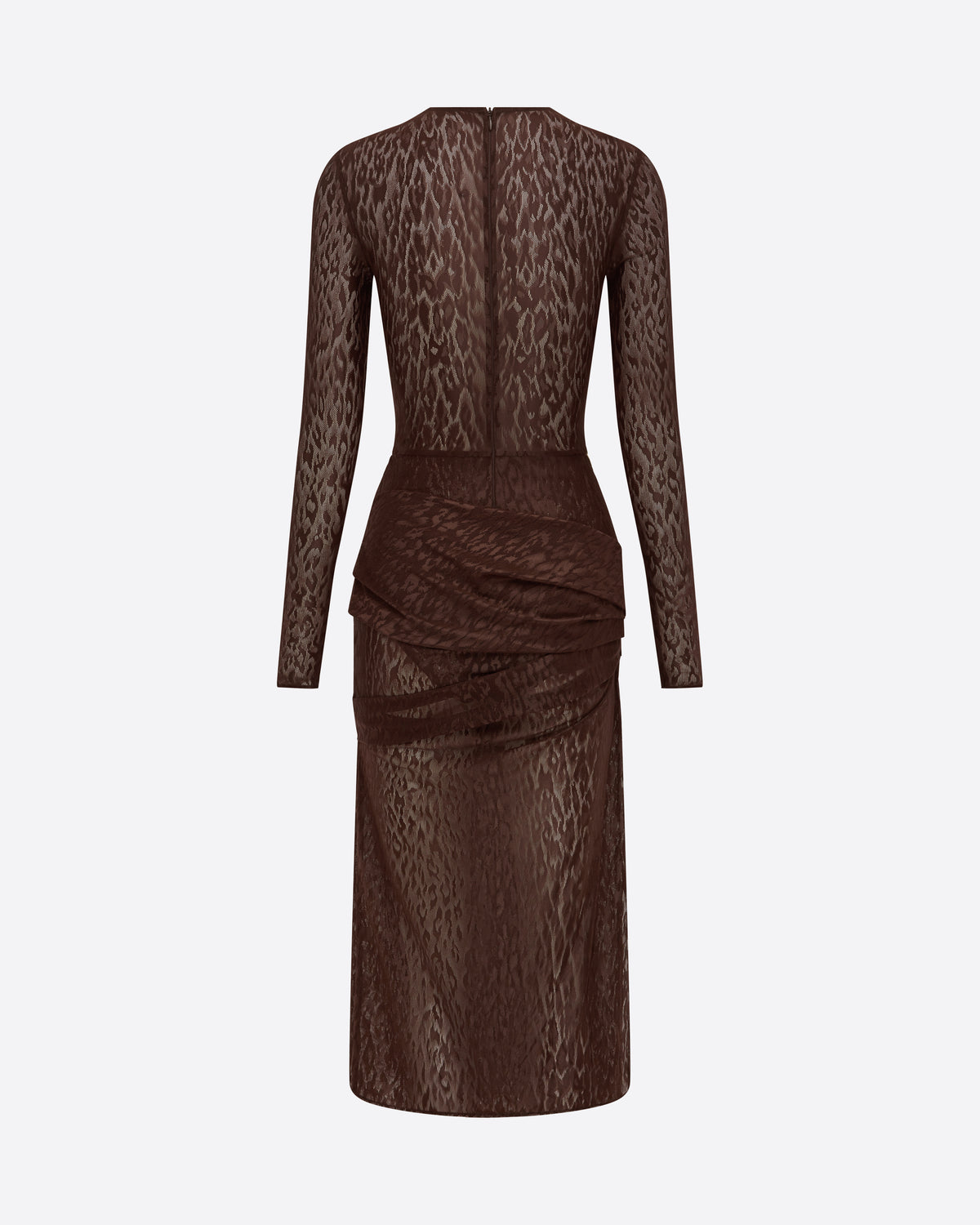 Long Sleeve Asymmetric Drape Dress in Leopard Lace
