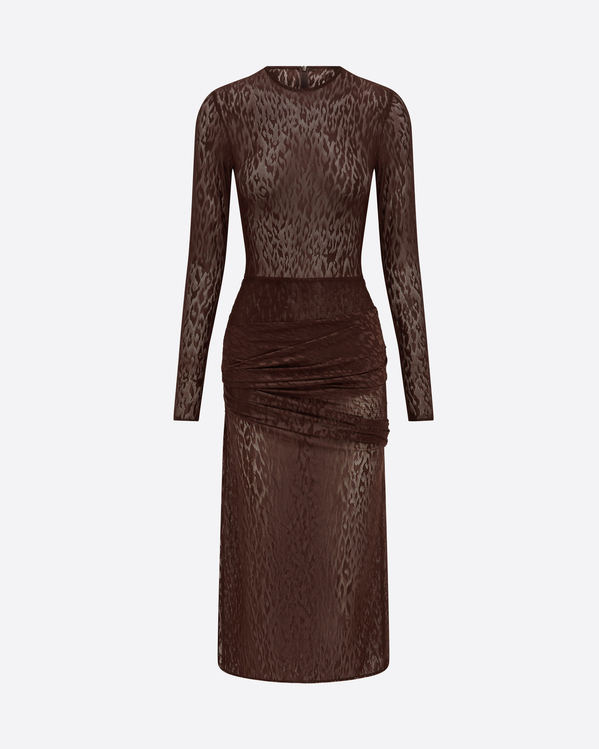Long Sleeve Asymmetric Drape Dress in Leopard Lace
