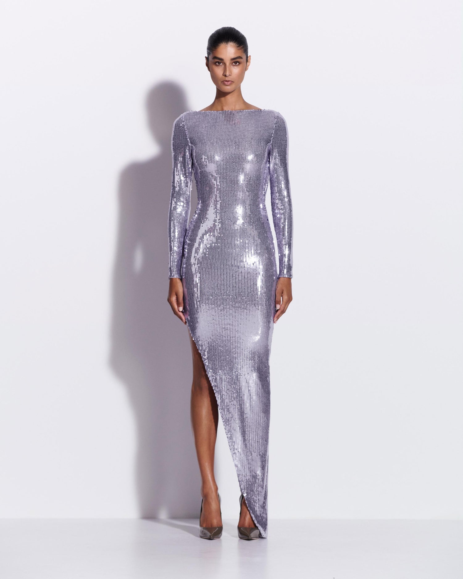 Long Sleeve Asymmetric Drape Gown in Sequin