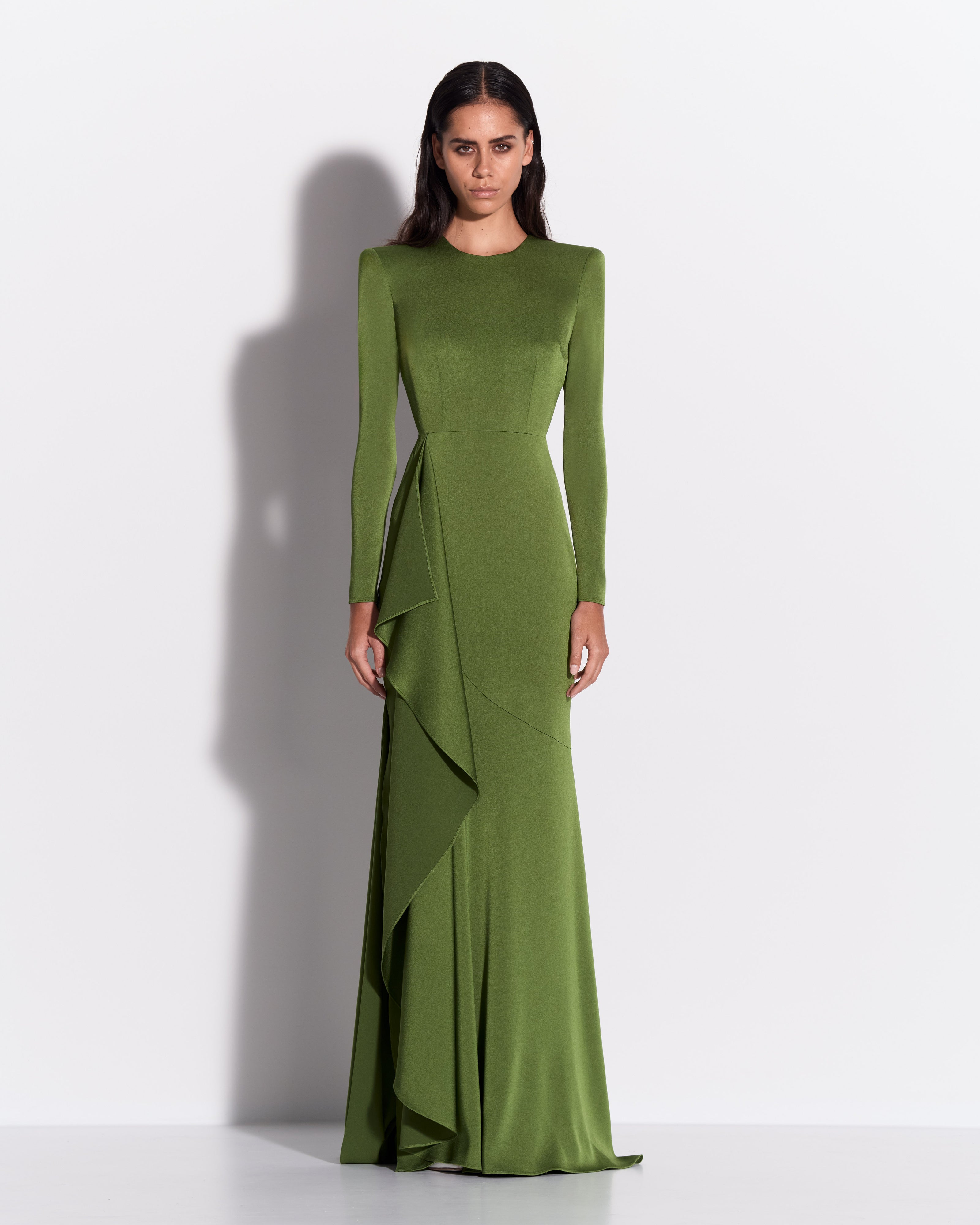 Long Sleeve Asymmetric Tiered Drape Gown in Satin Crepe