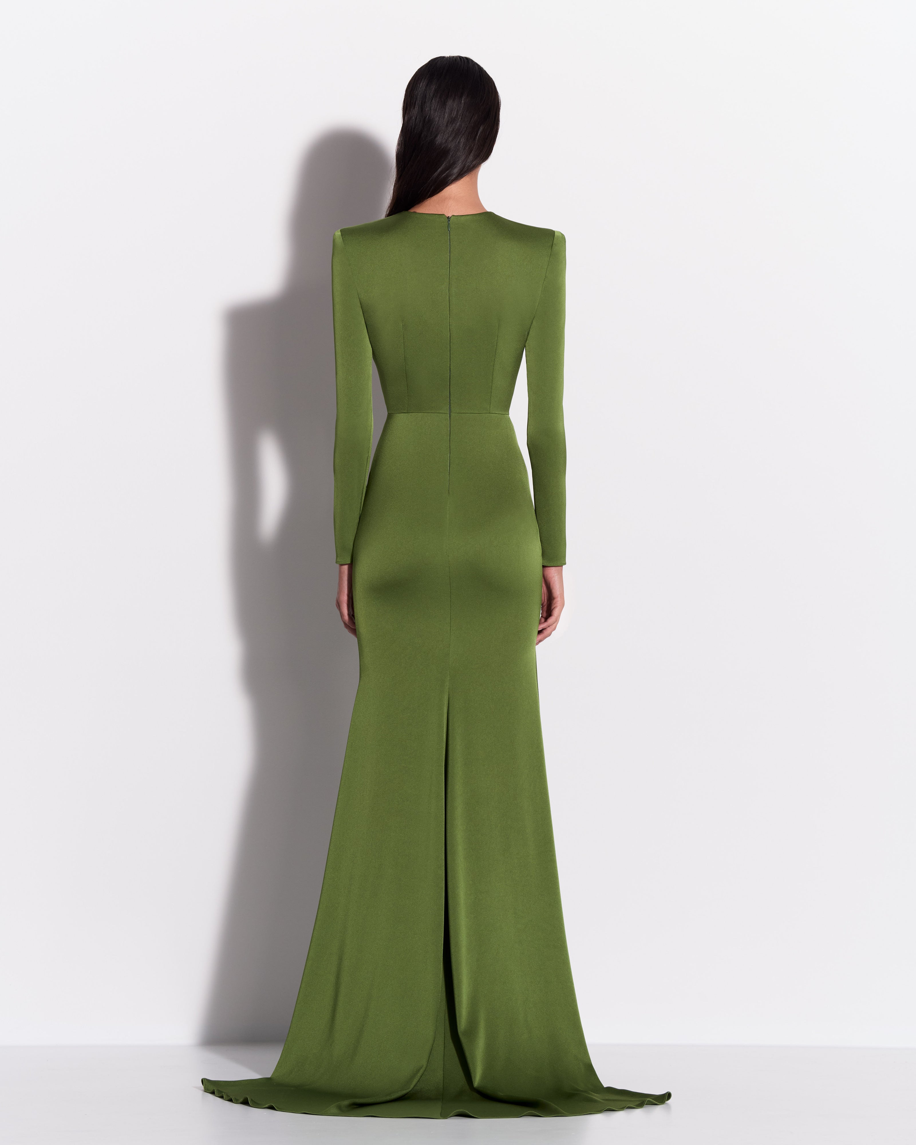Long Sleeve Asymmetric Tiered Drape Gown in Satin Crepe