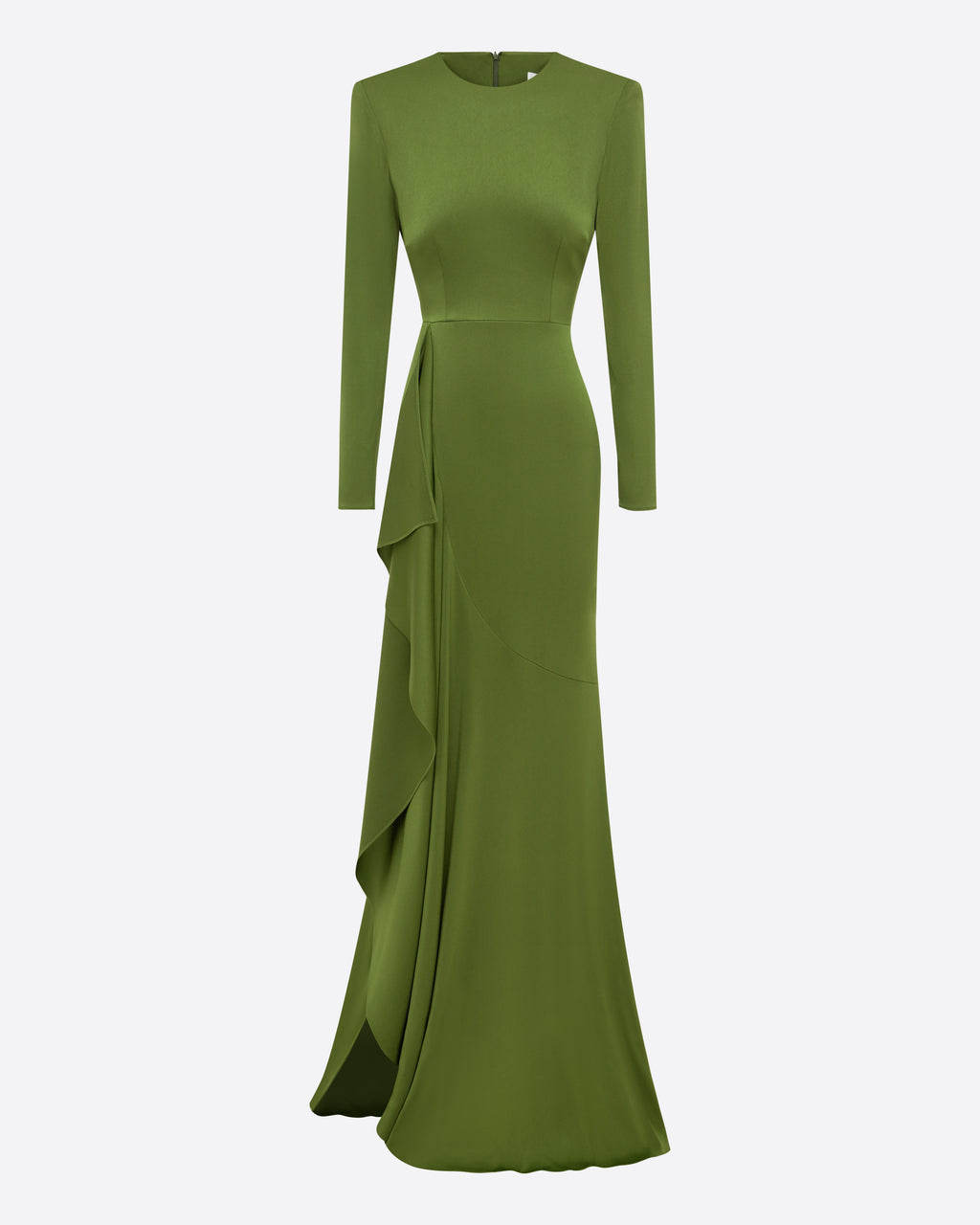 Long Sleeve Asymmetric Tiered Drape Gown in Satin Crepe