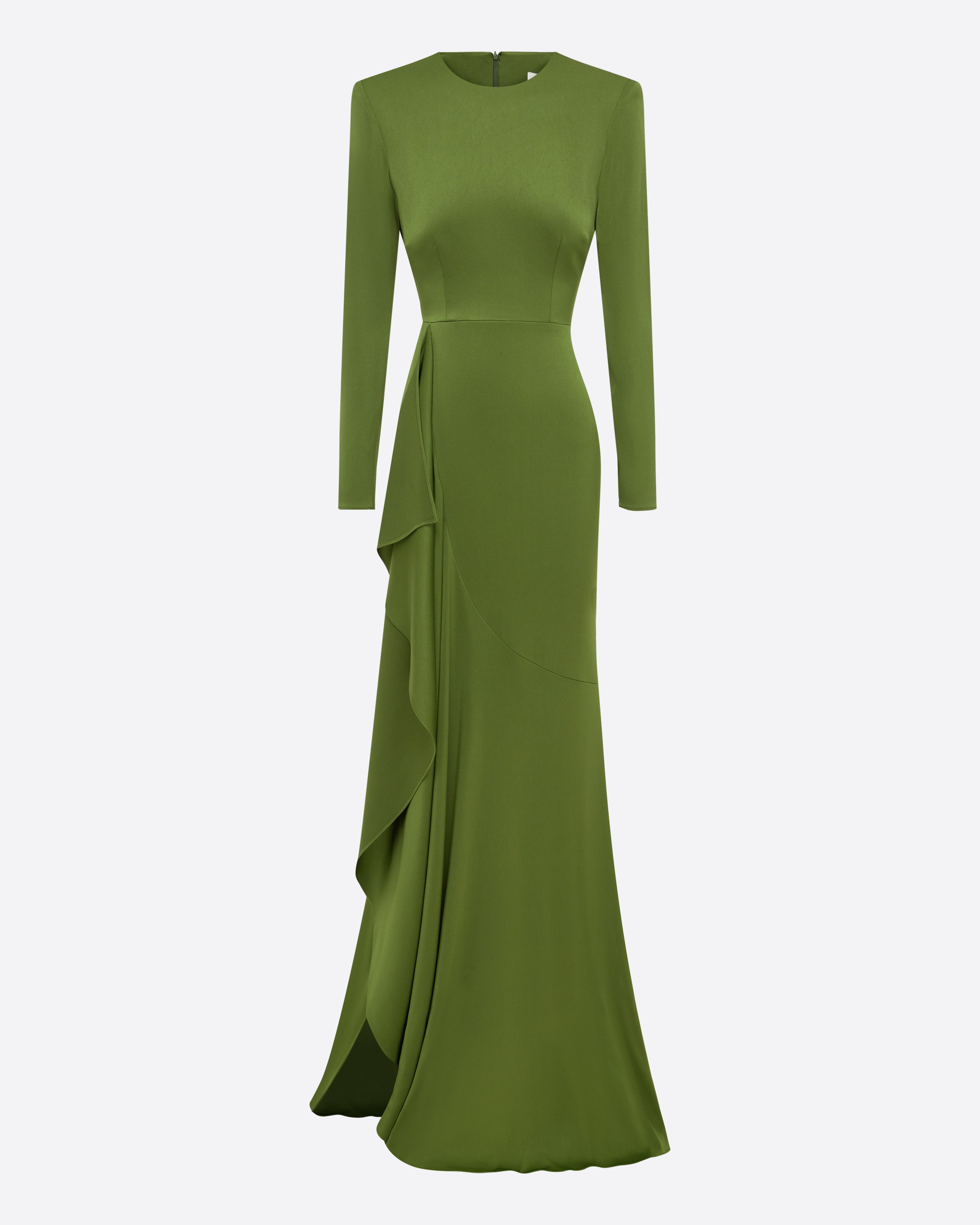 Long Sleeve Asymmetric Tiered Drape Gown in Satin Crepe