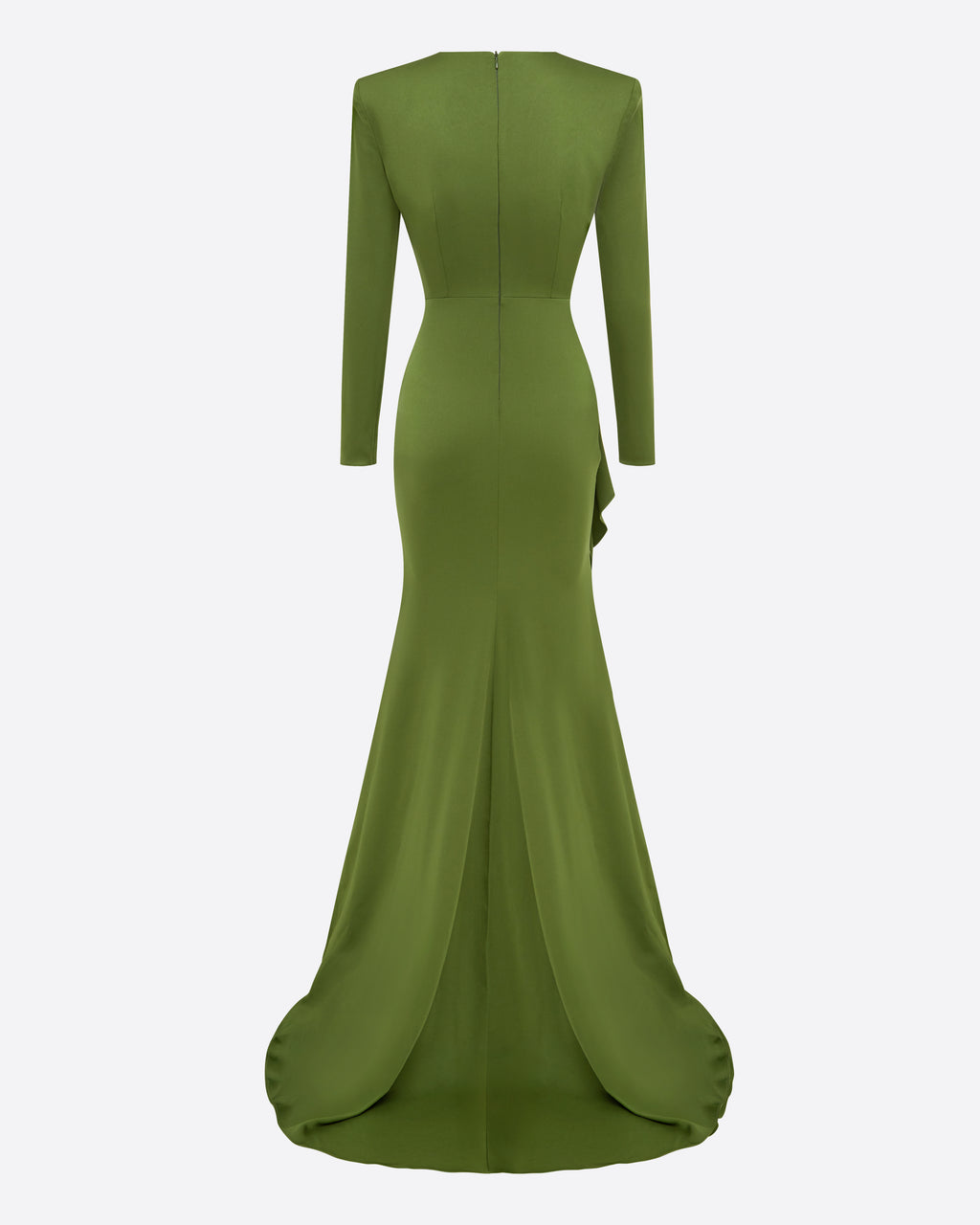 Long Sleeve Asymmetric Tiered Drape Gown in Satin Crepe
