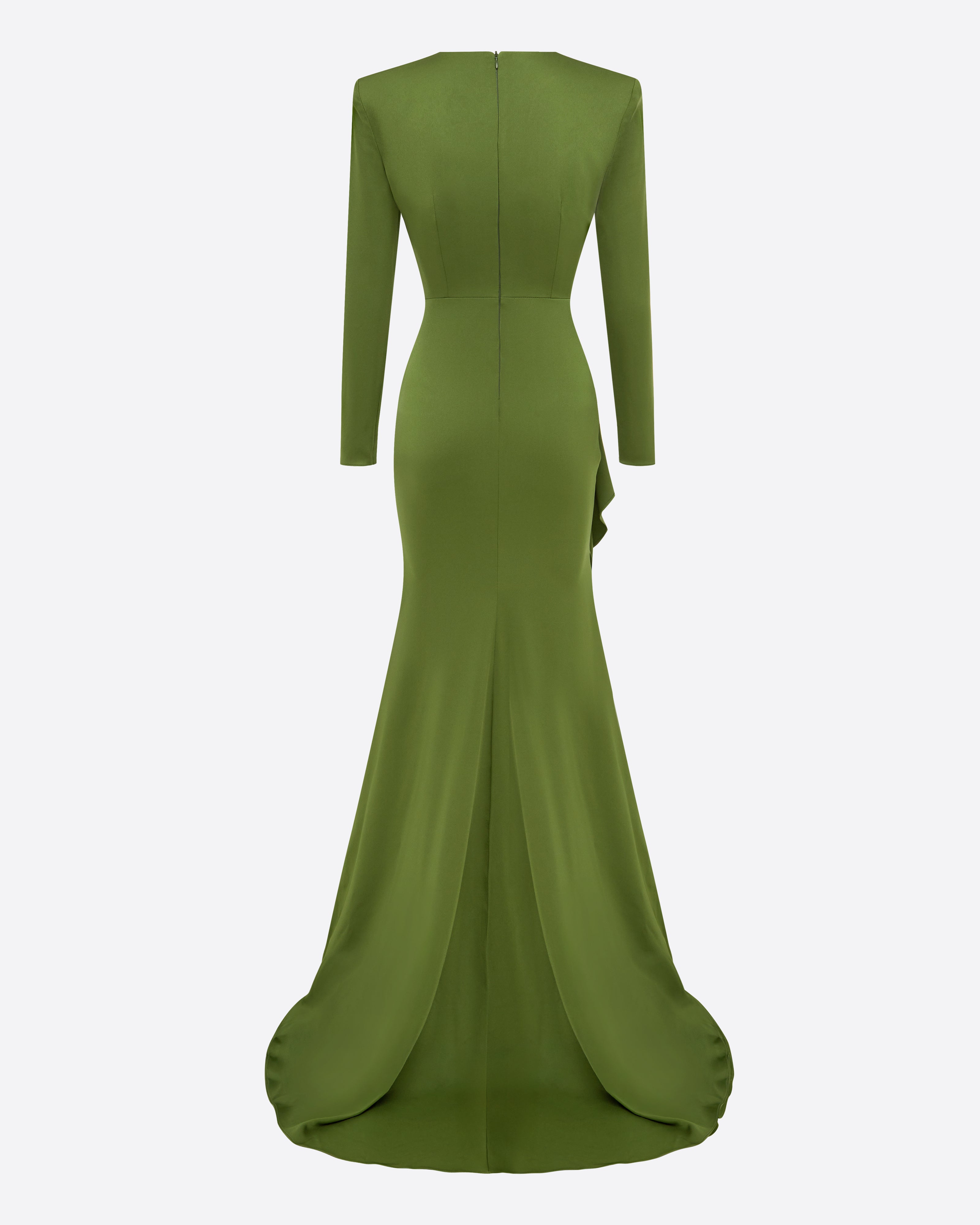 Long Sleeve Asymmetric Tiered Drape Gown in Satin Crepe