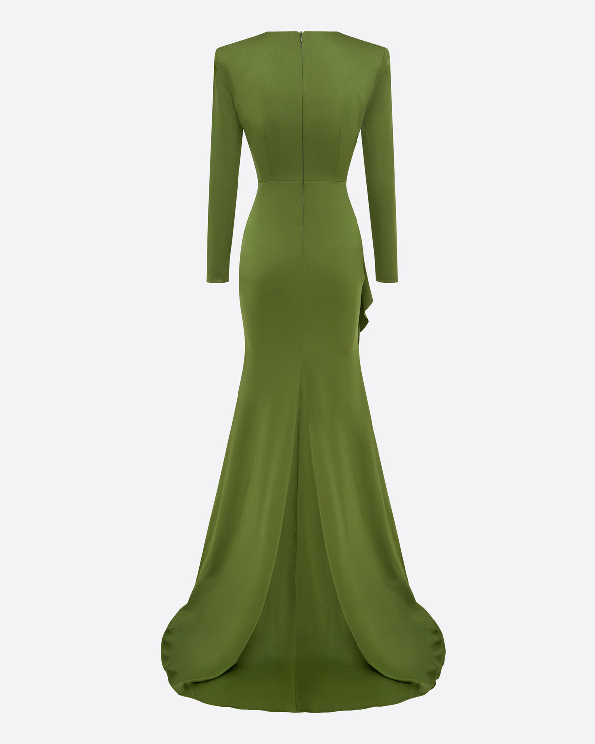 Long Sleeve Asymmetric Tiered Drape Gown in Satin Crepe