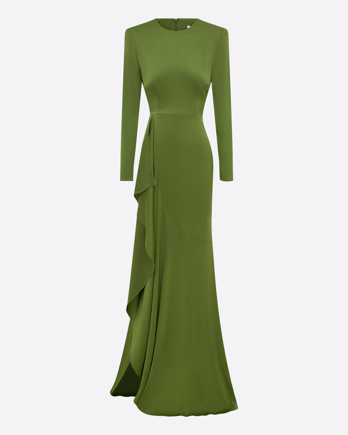 Long Sleeve Asymmetric Tiered Drape Gown in Satin Crepe