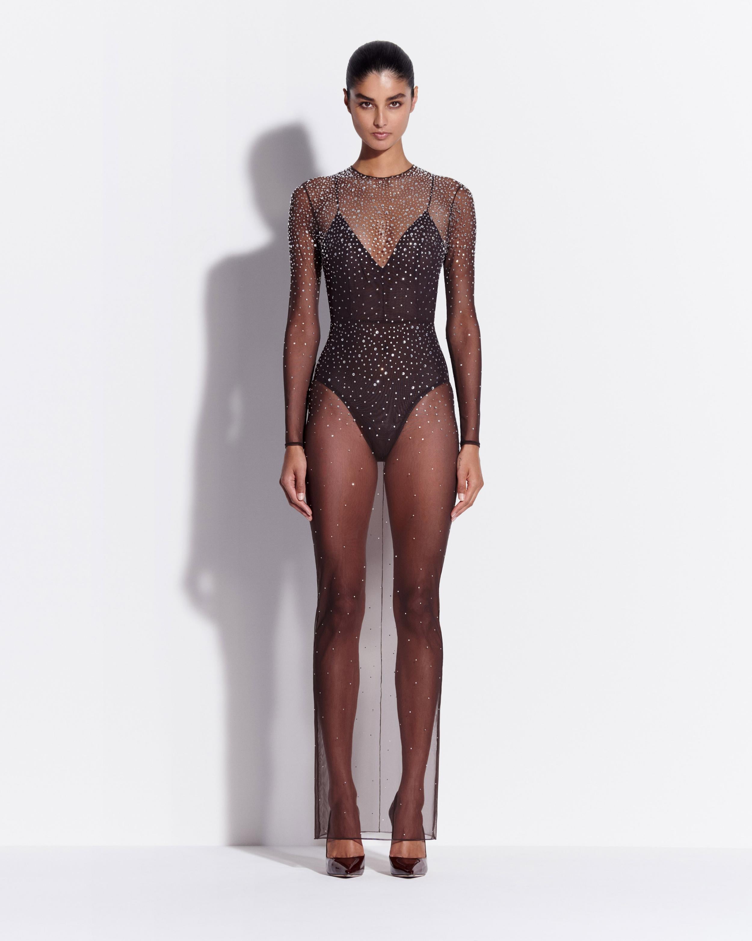Long Sleeve Column in Crystal Mesh