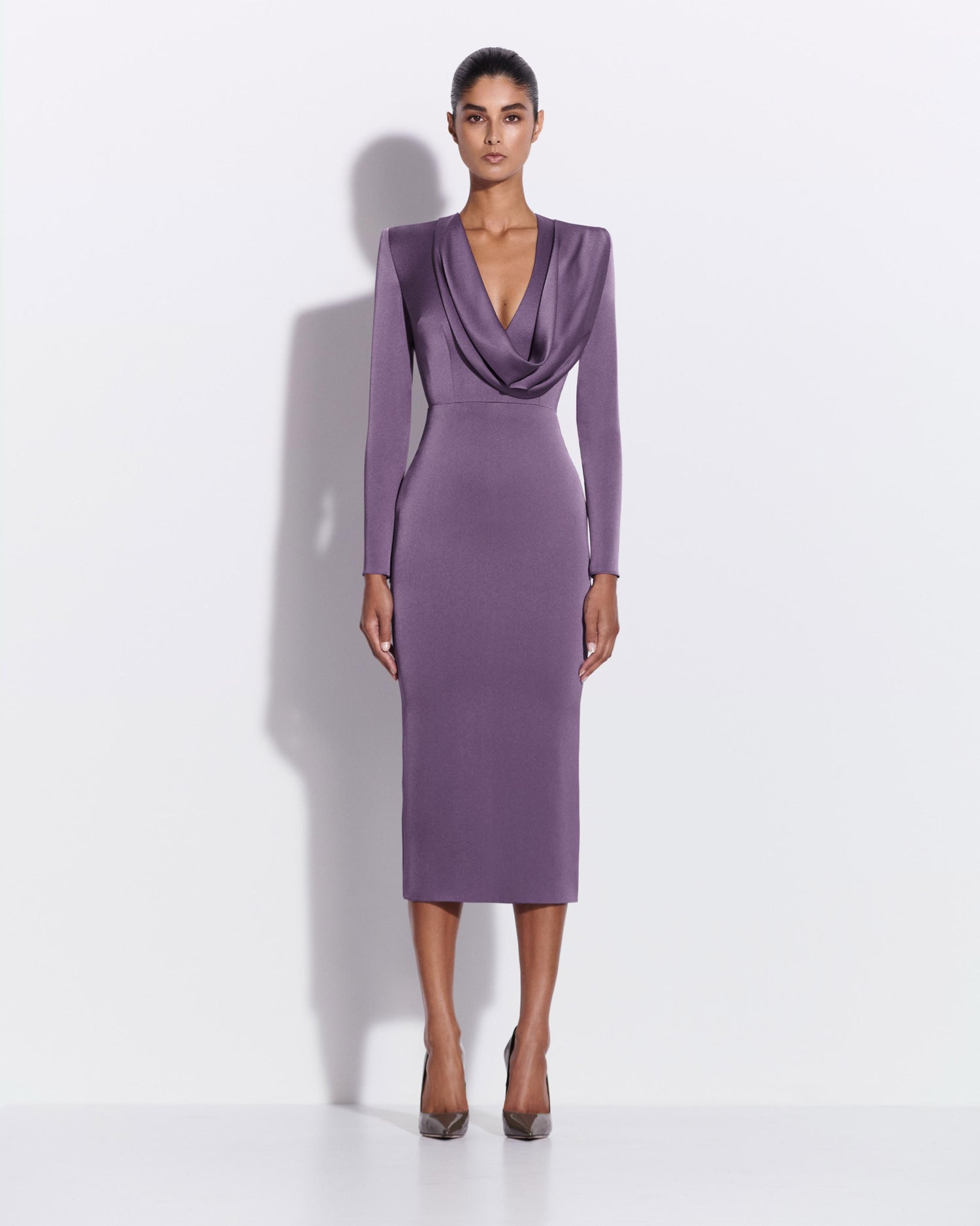 Long Sleeve Cowl Drape Dress in Satin Crepe Alex Perry Long Sleeve Cowl Drape Dress in Satin Crepe Alex Perry