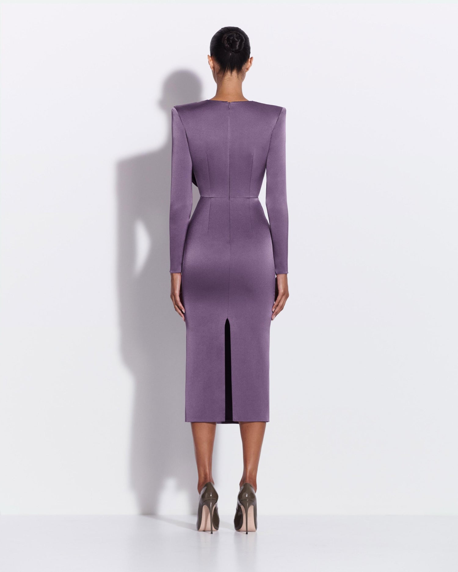Long Sleeve Cowl Drape Dress in Satin Crepe 14 / Grape