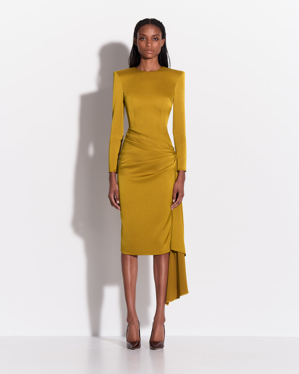 Long Sleeve Drape Dress in Satin Crepe