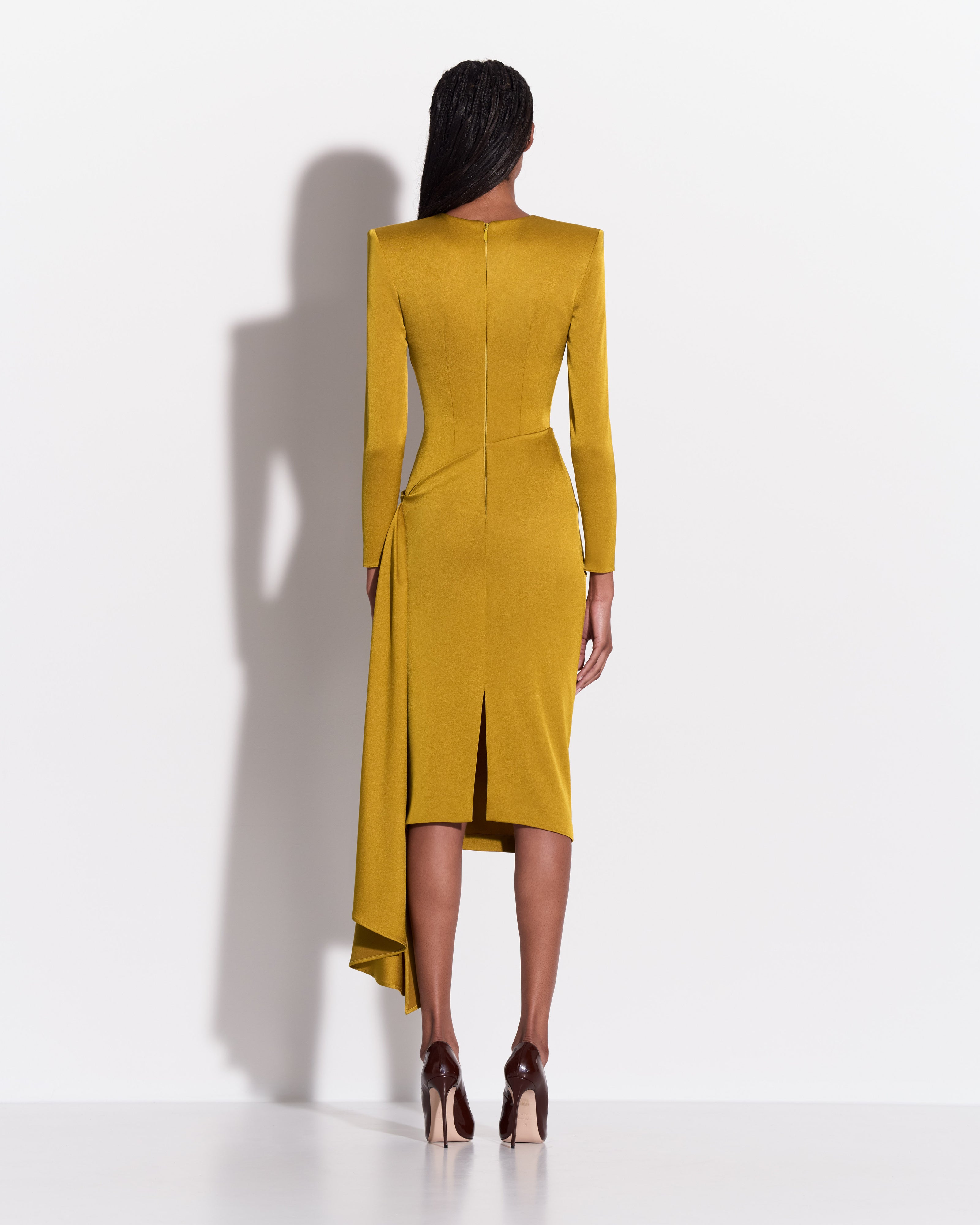 Long Sleeve Drape Dress in Satin Crepe