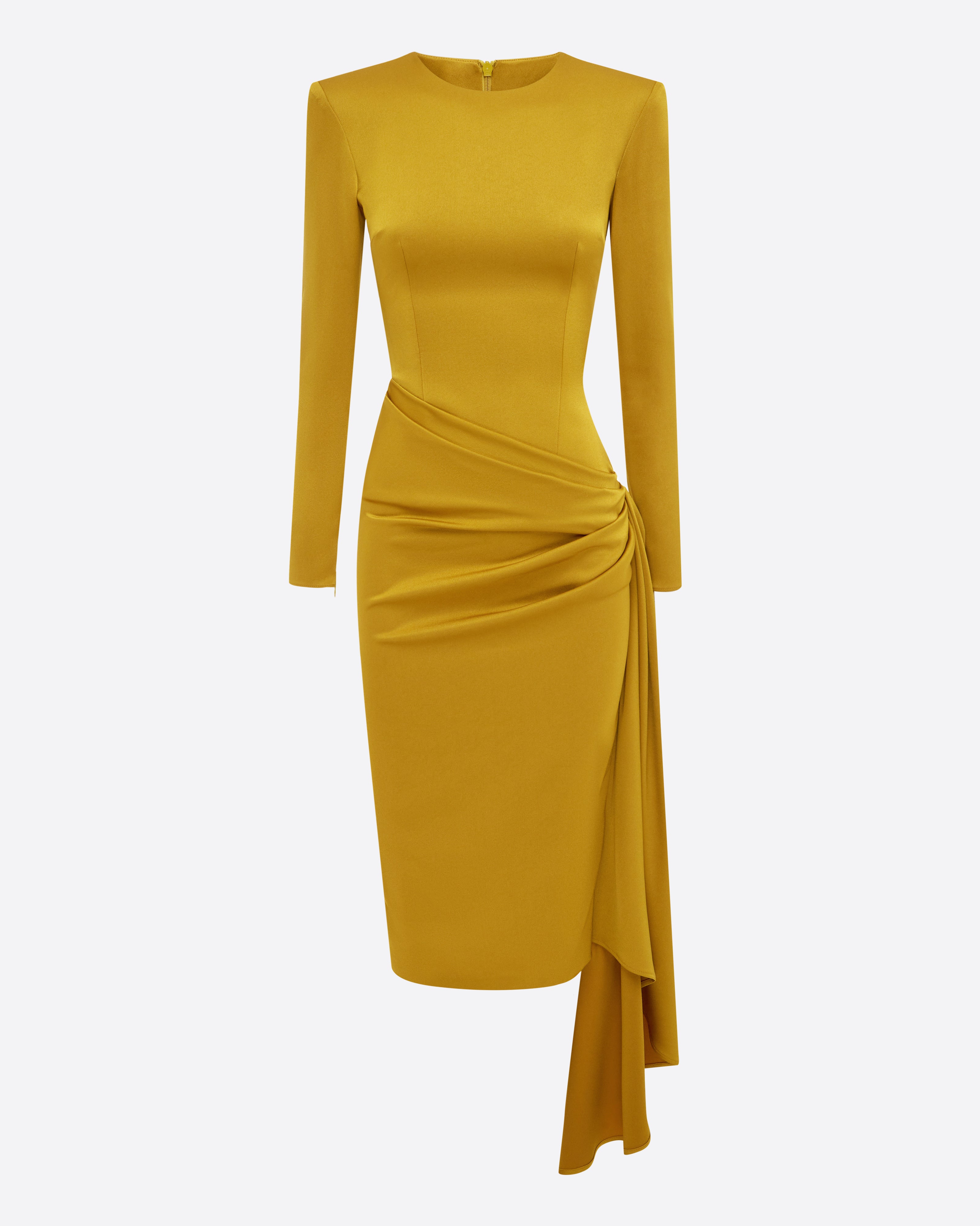 Long Sleeve Drape Dress in Satin Crepe
