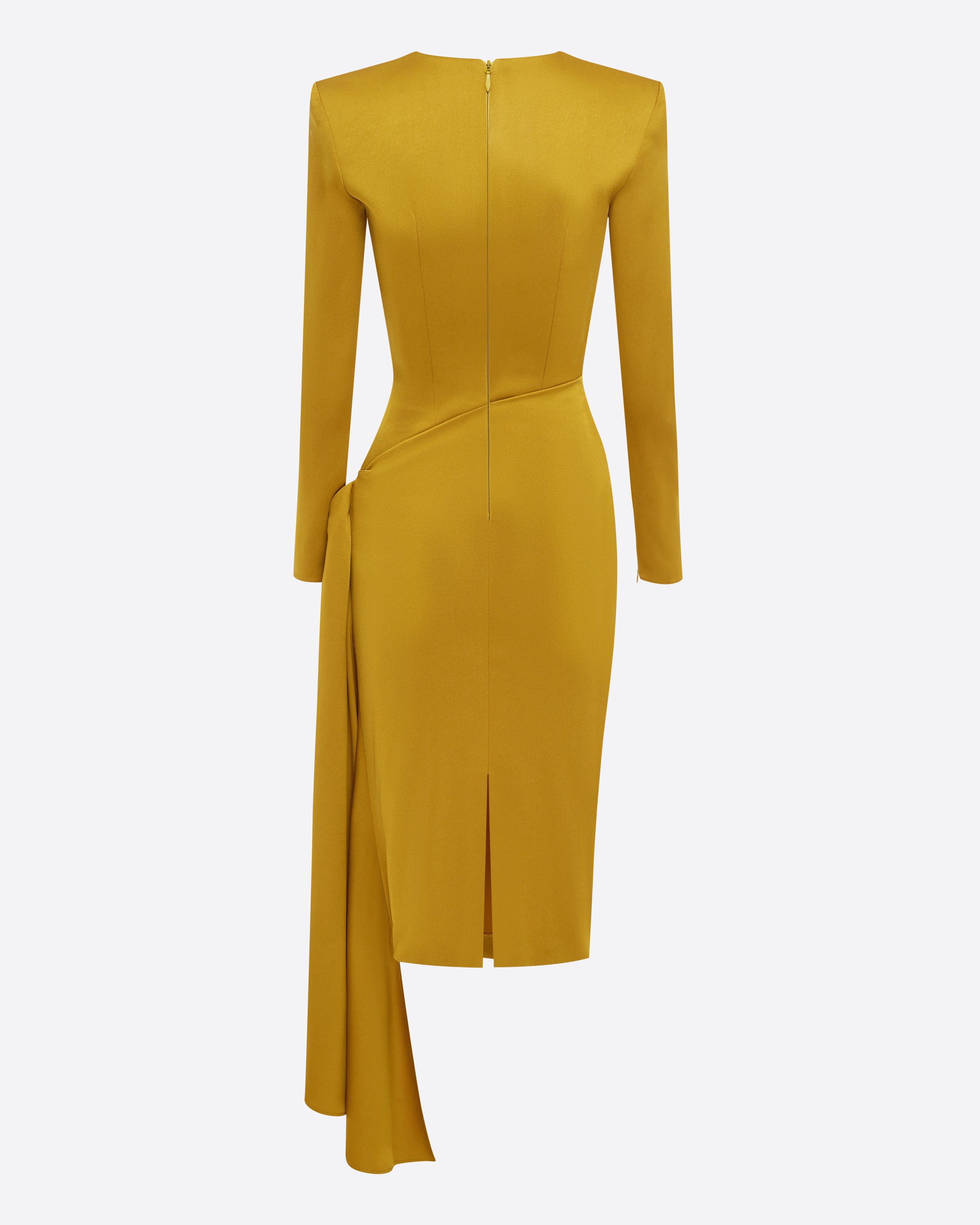 Long Sleeve Drape Dress in Satin Crepe