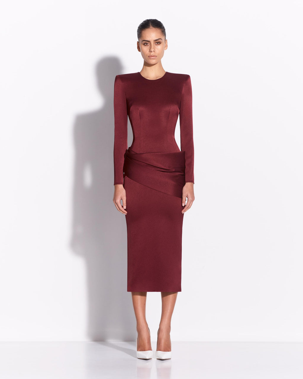 Long Sleeve Drape Dress in Satin Crepe