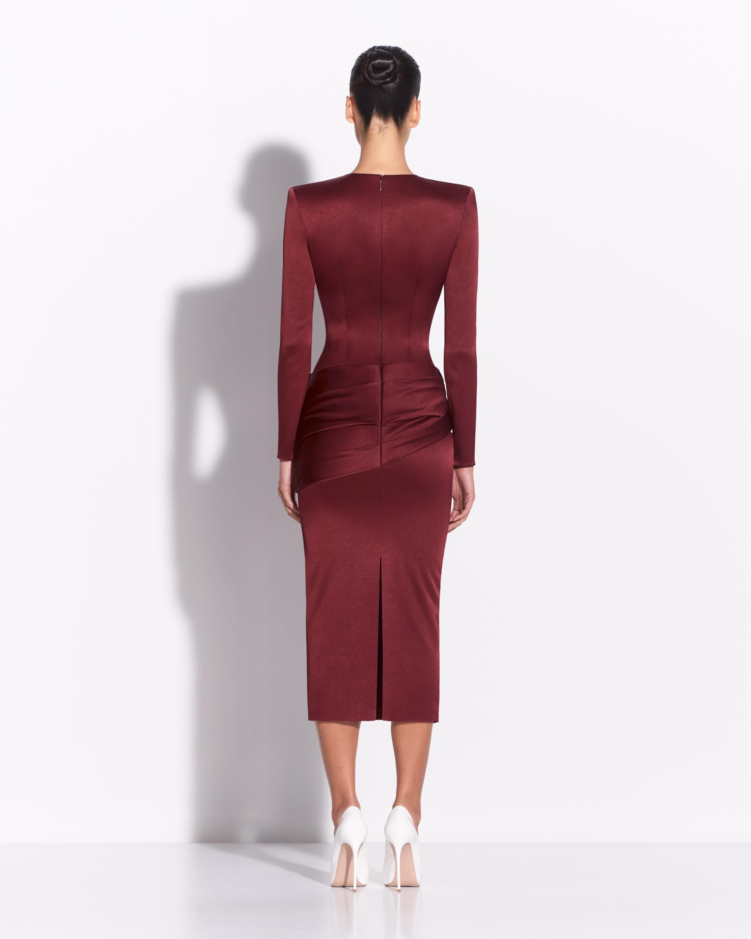 Long Sleeve Drape Dress in Satin Crepe