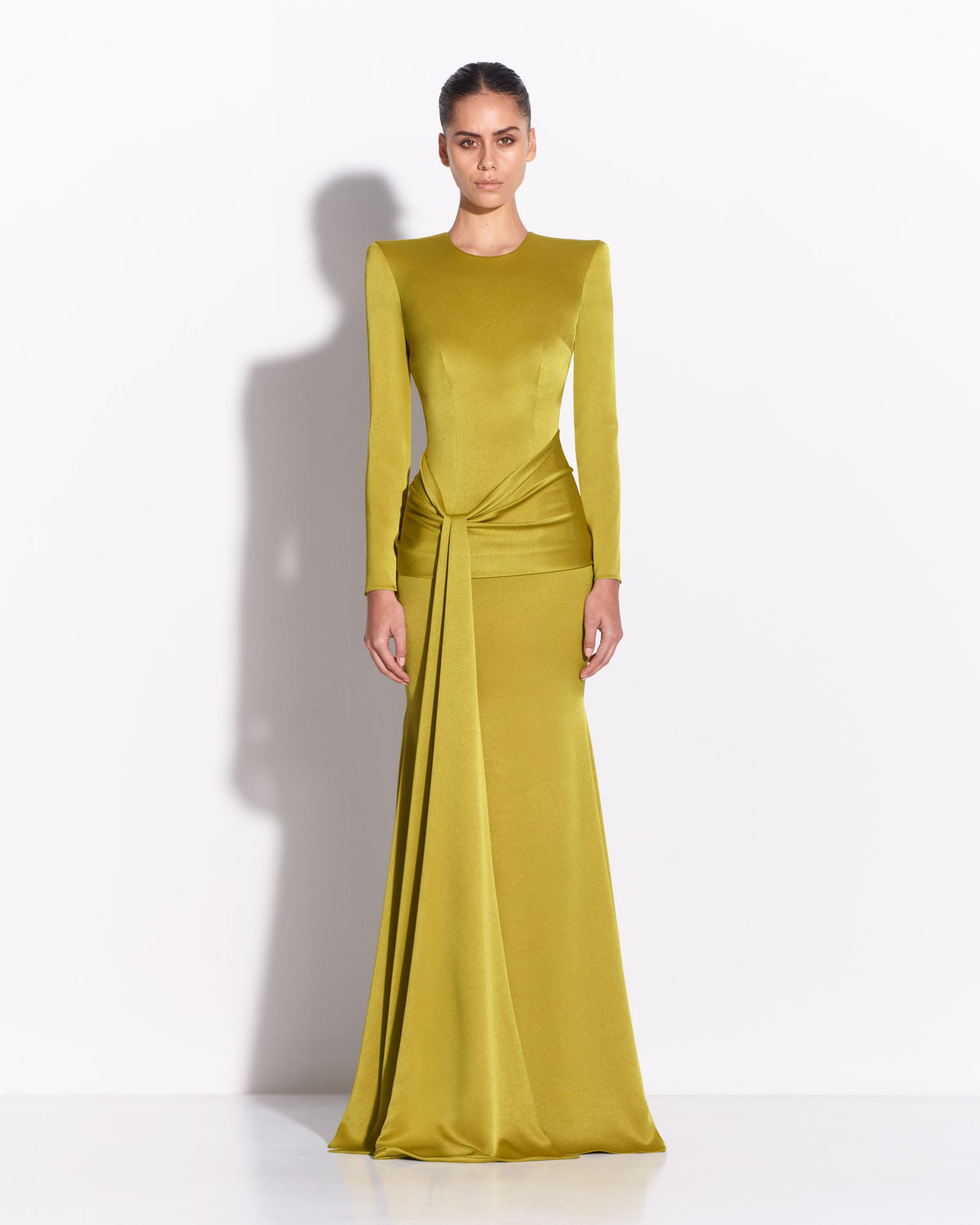 Long Sleeve Sash Drape Gown in Satin Crepe