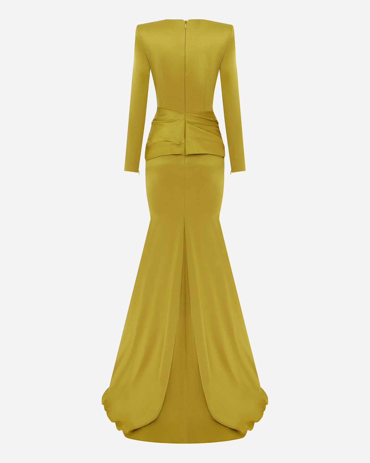 Long Sleeve Sash Drape Gown in Satin Crepe