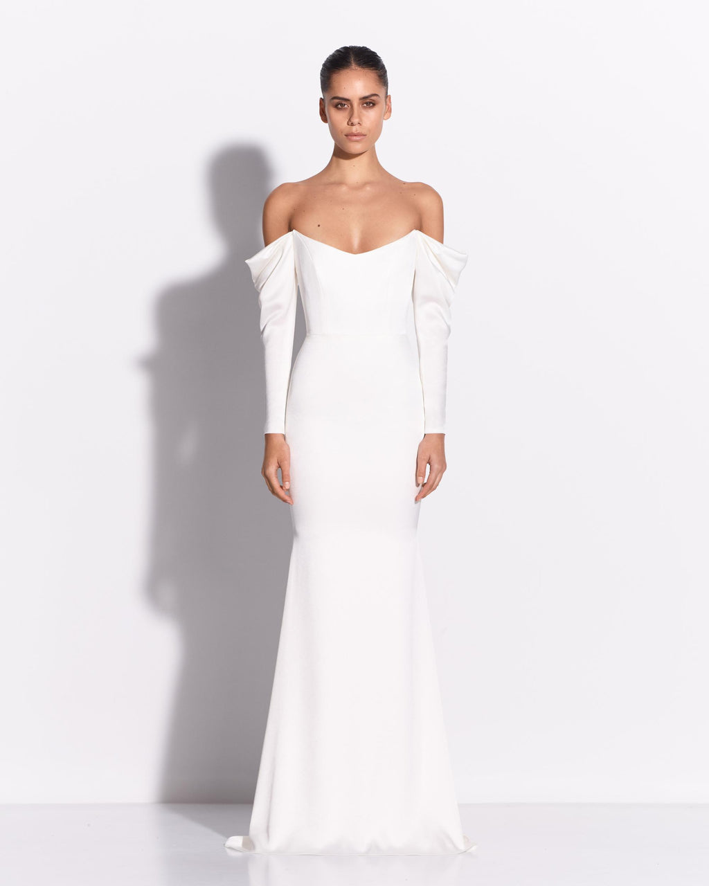 Long Sleeve Off Shoulder Gown in Satin Crepe