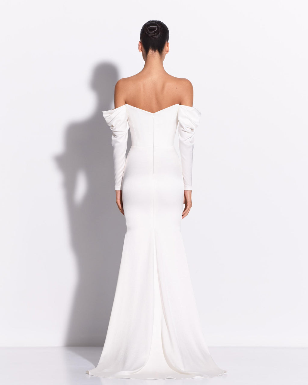 Long Sleeve Off Shoulder Gown in Satin Crepe