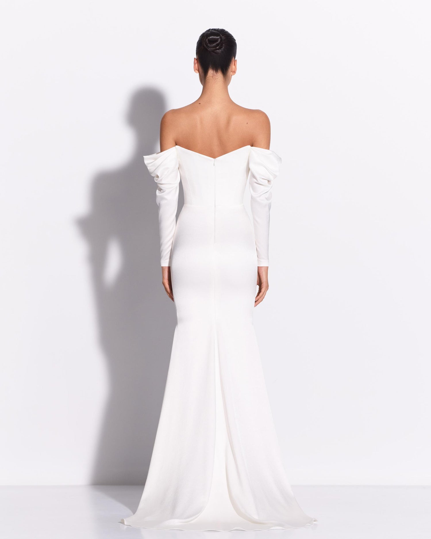 Long Sleeve Off Shoulder Gown in Satin Crepe