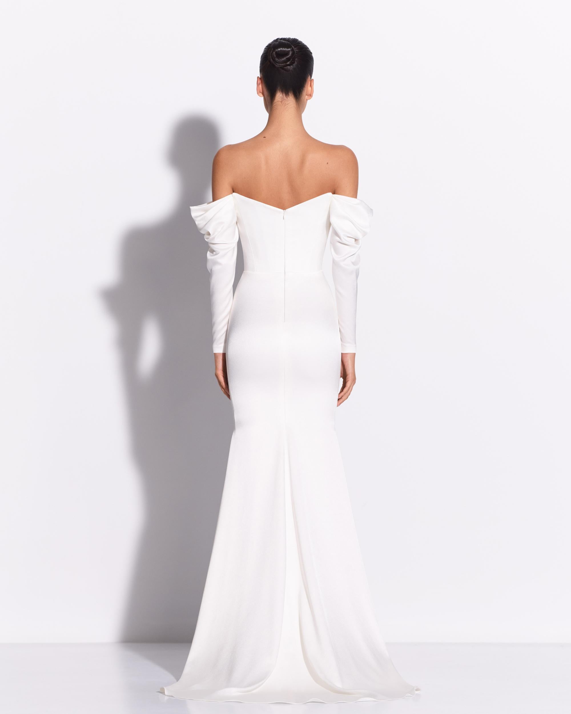 Long Sleeve Off Shoulder Gown in Satin Crepe