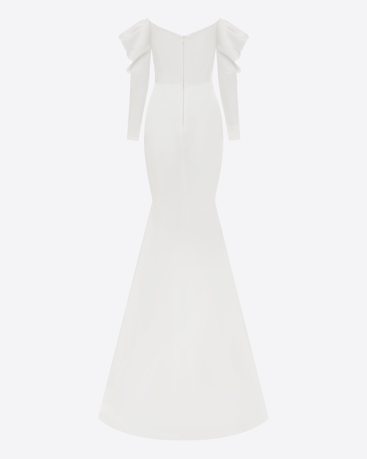 Long Sleeve Off Shoulder Gown in Satin Crepe