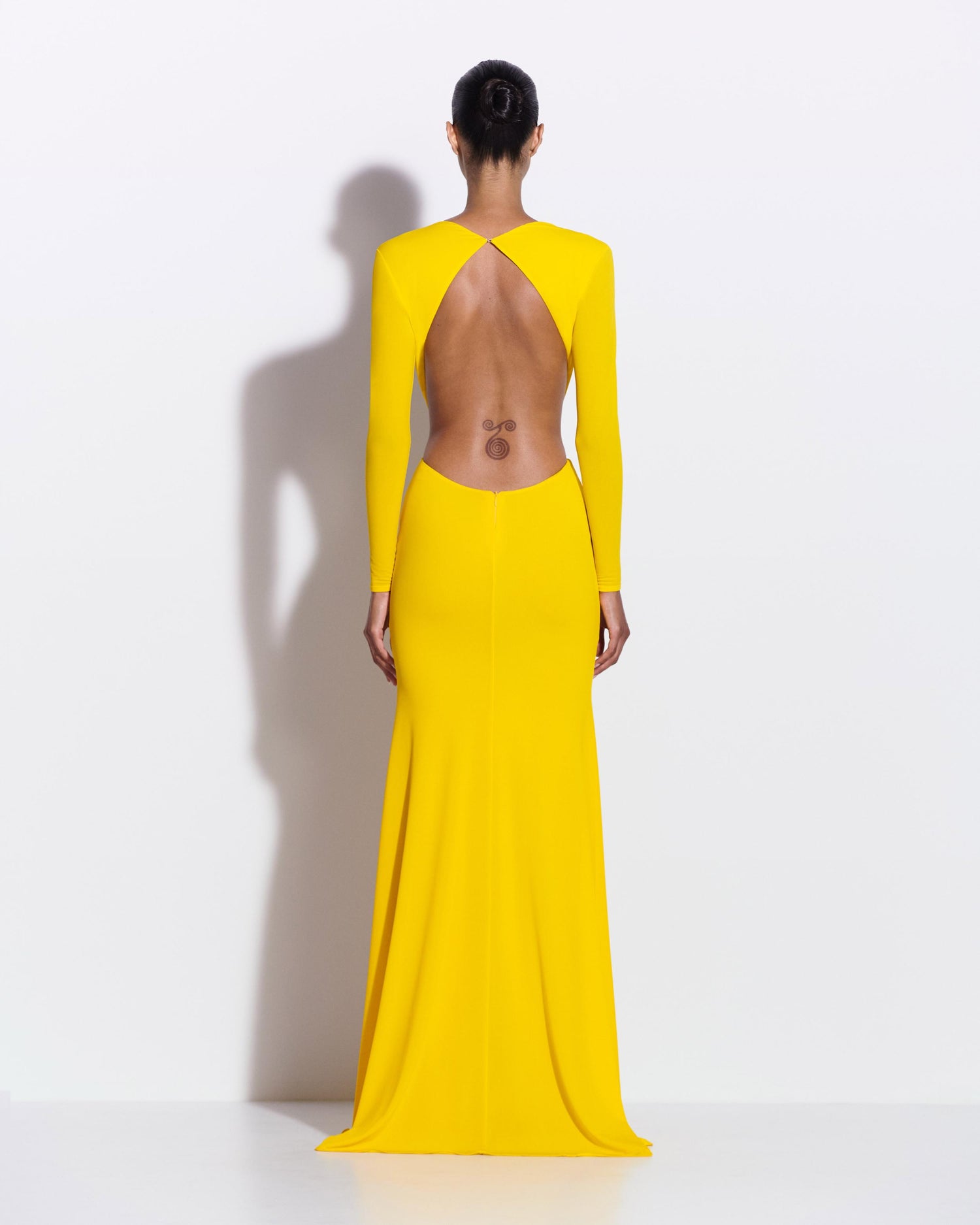 Long Sleeve Open Back Gown in Crepe Jersey 8 / Yellow
